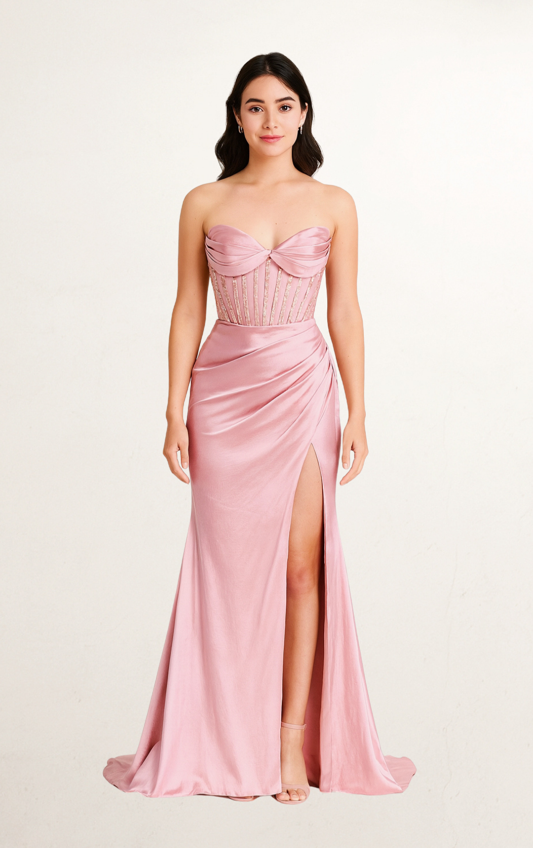 Pink Satin Embellished Corset Slit Gown
