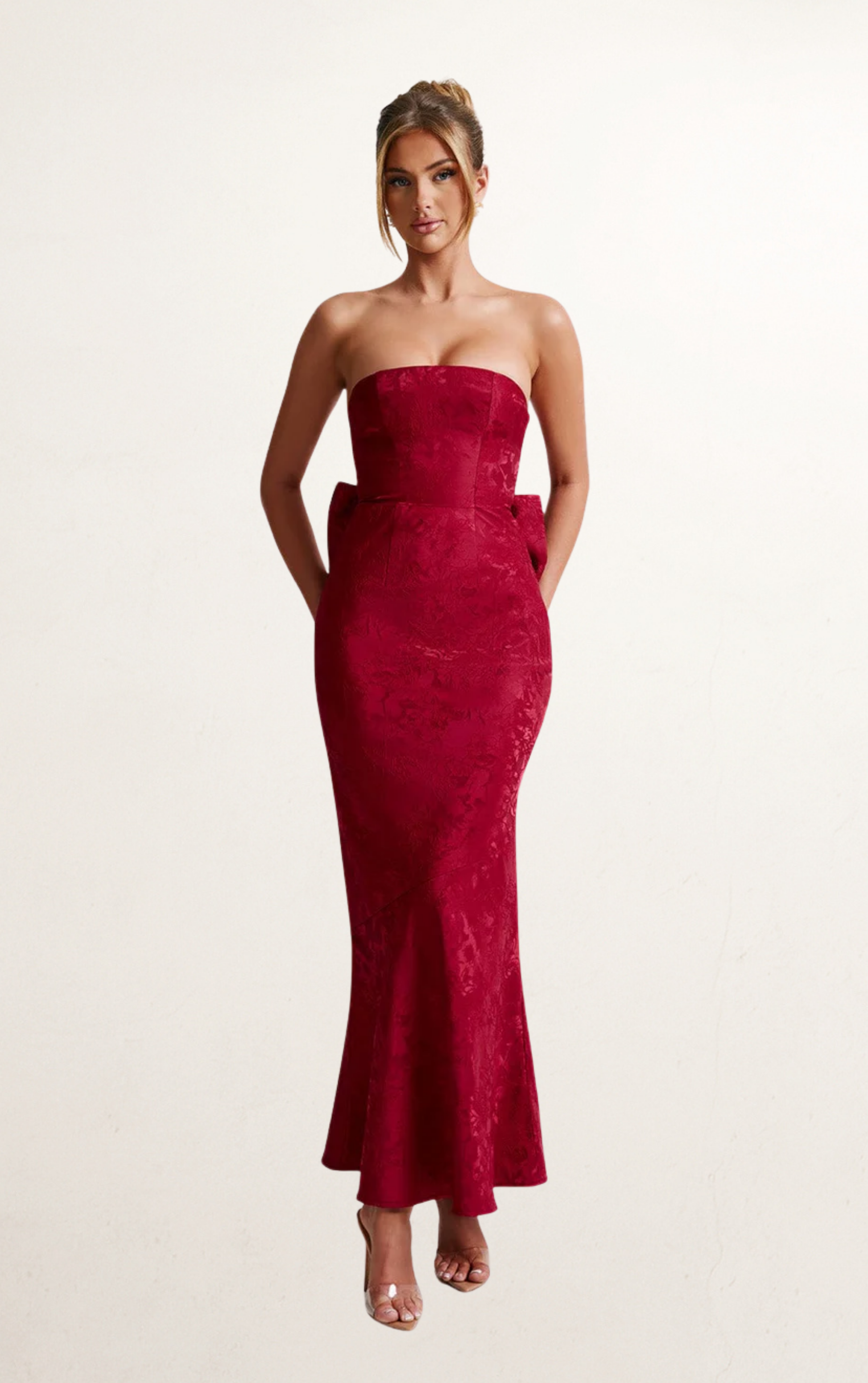 Red Off-Shoulder Bow Maxi Dress