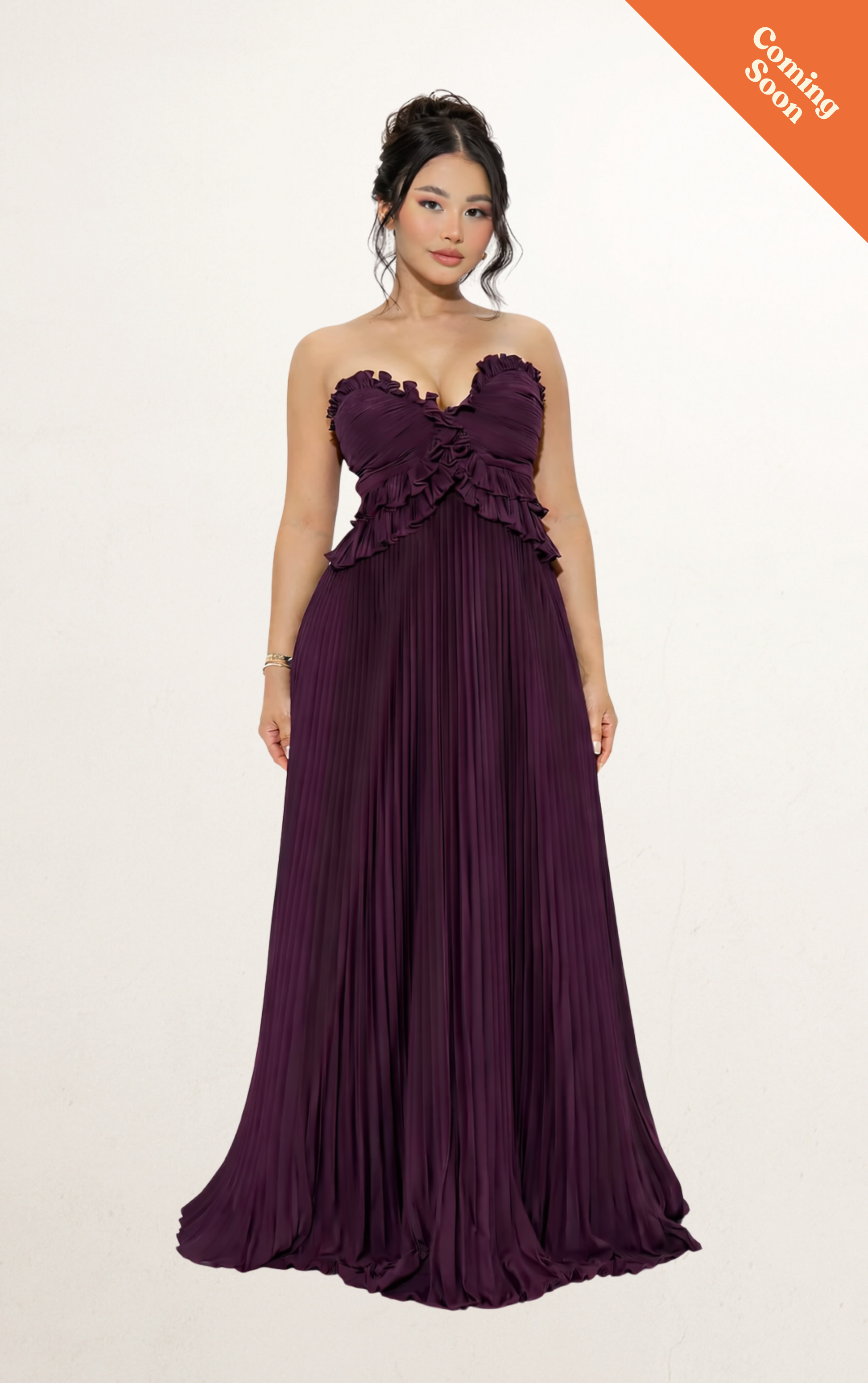 Purple Pleated Ruffle Strapless Gown