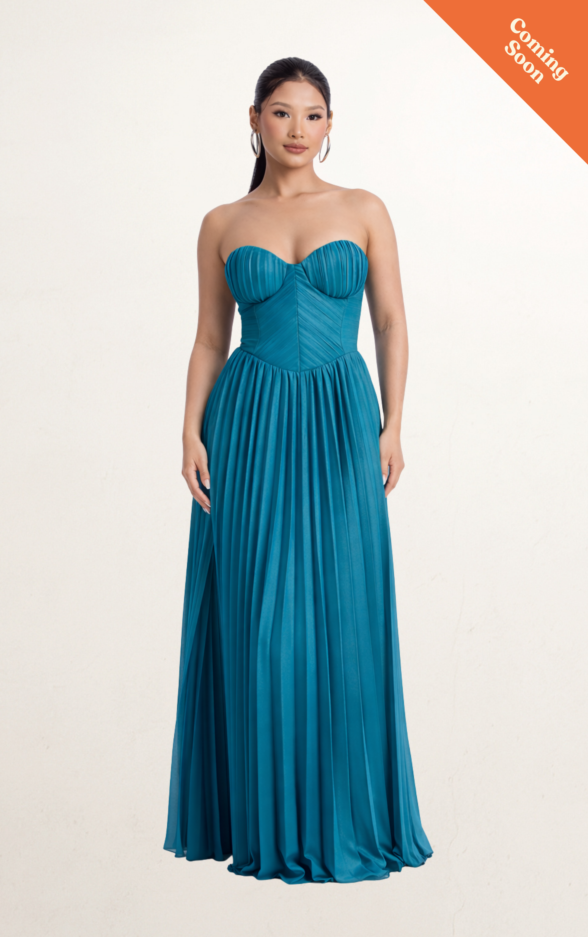 Blue Teal Plisse Strapless Gown