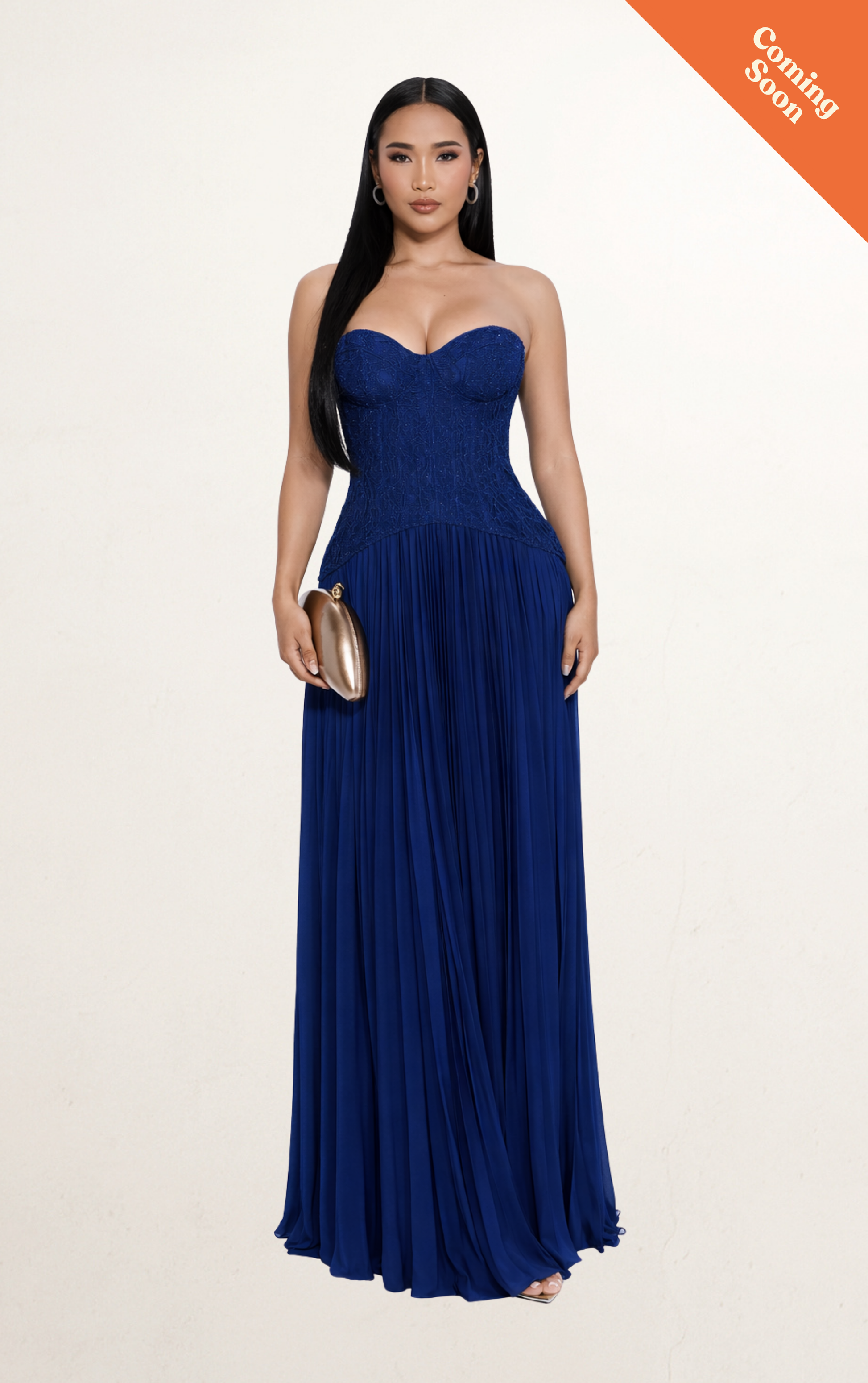 Blue Lace Corset Pleated Maxi Dress