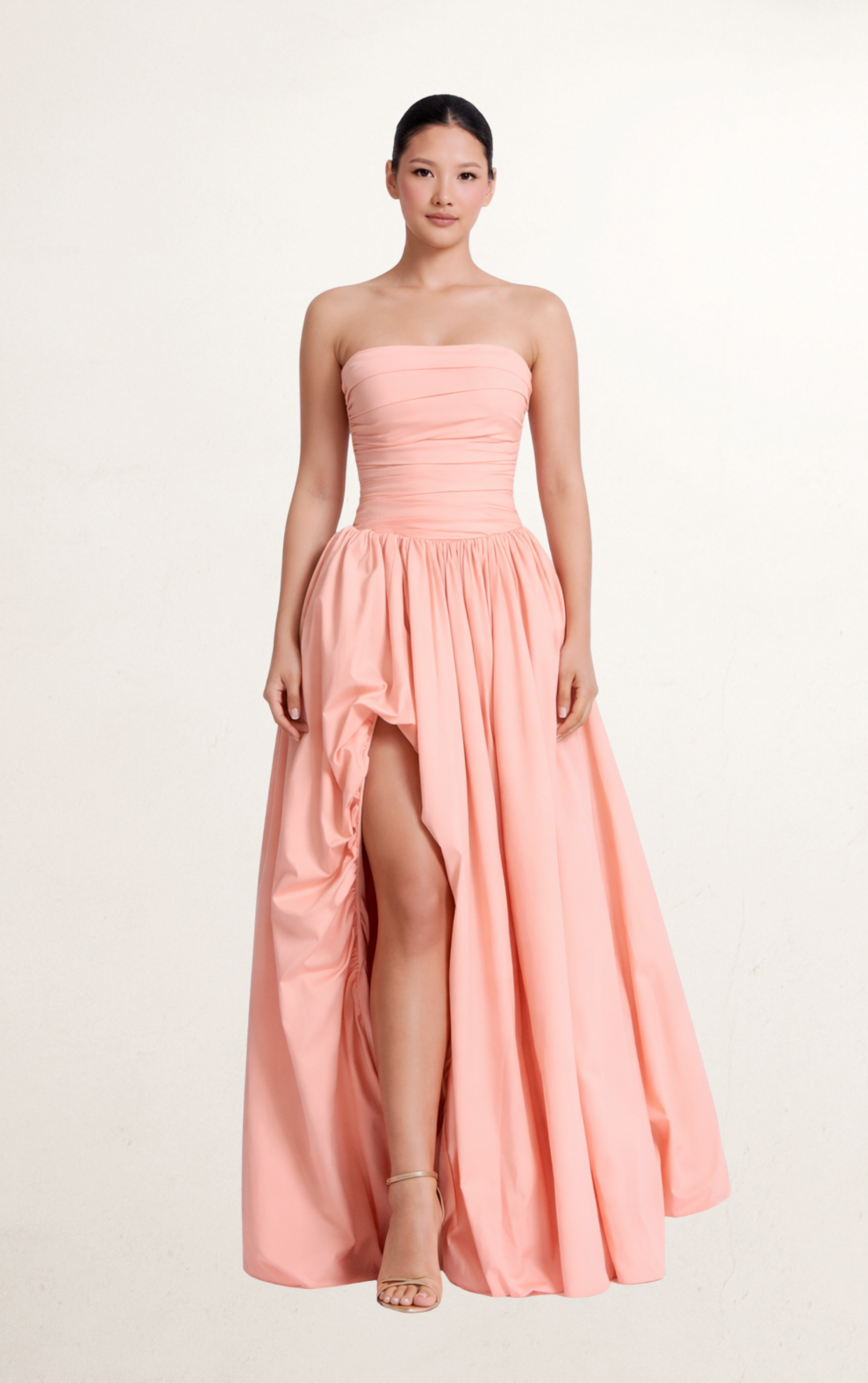Peach Strapless Ruched Bodice Ball Gown