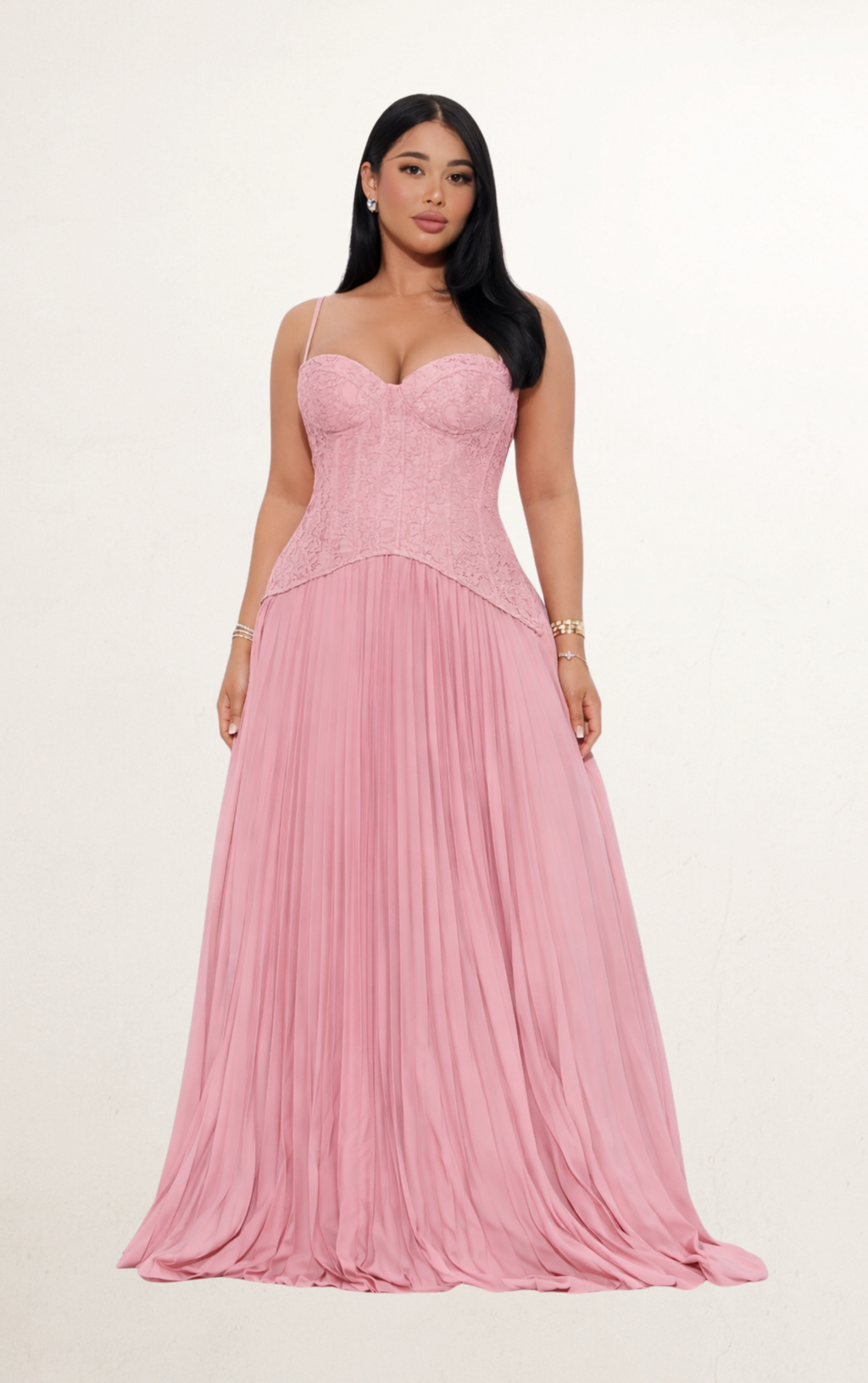 Pink Lace Corset Pleated Maxi Dress