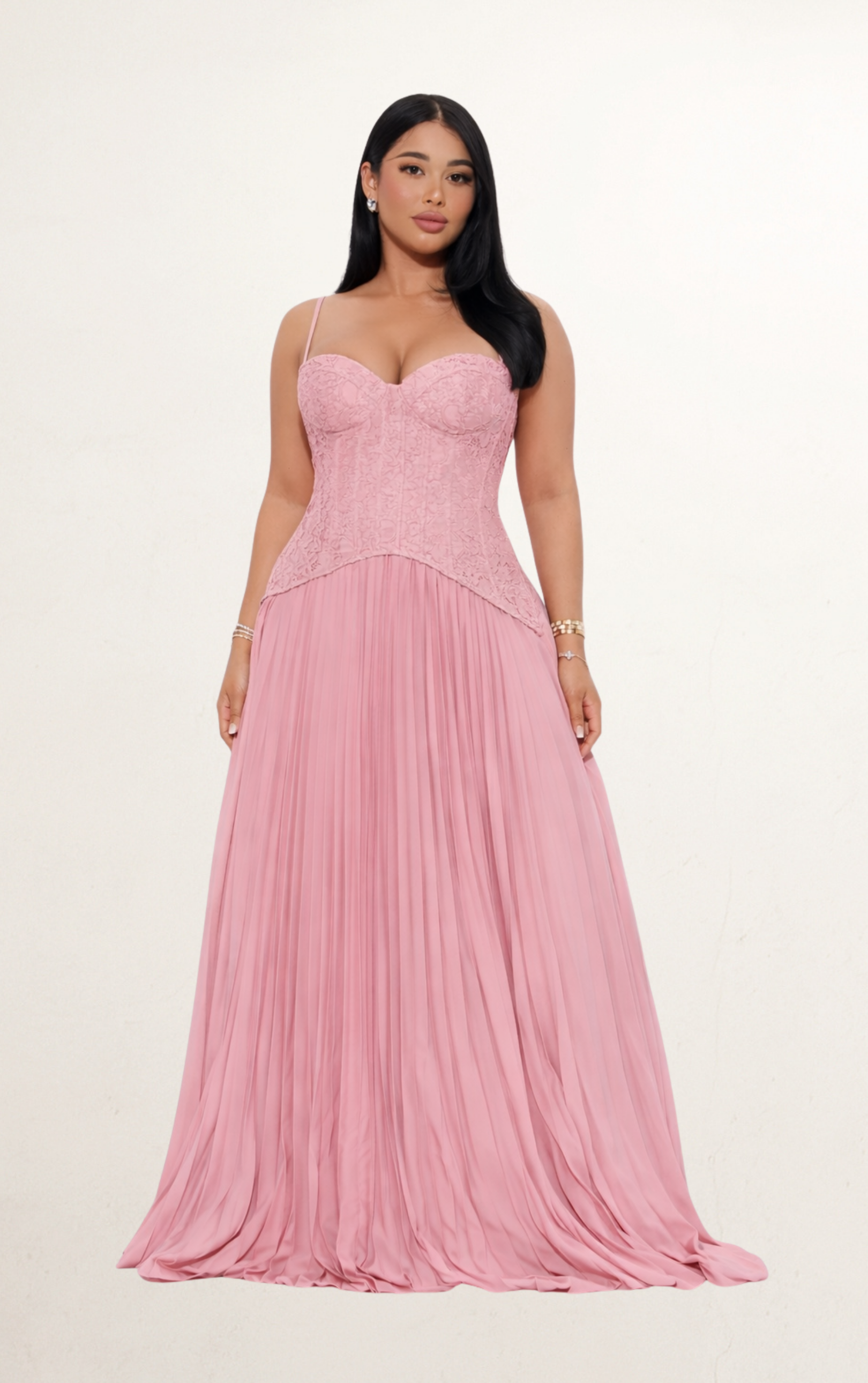 Pink Lace Corset Pleated Maxi Dress