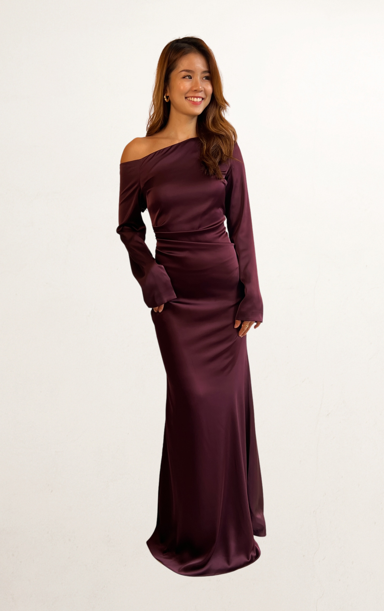 Purple Satin Long Sleeve One-Shoulder Dress