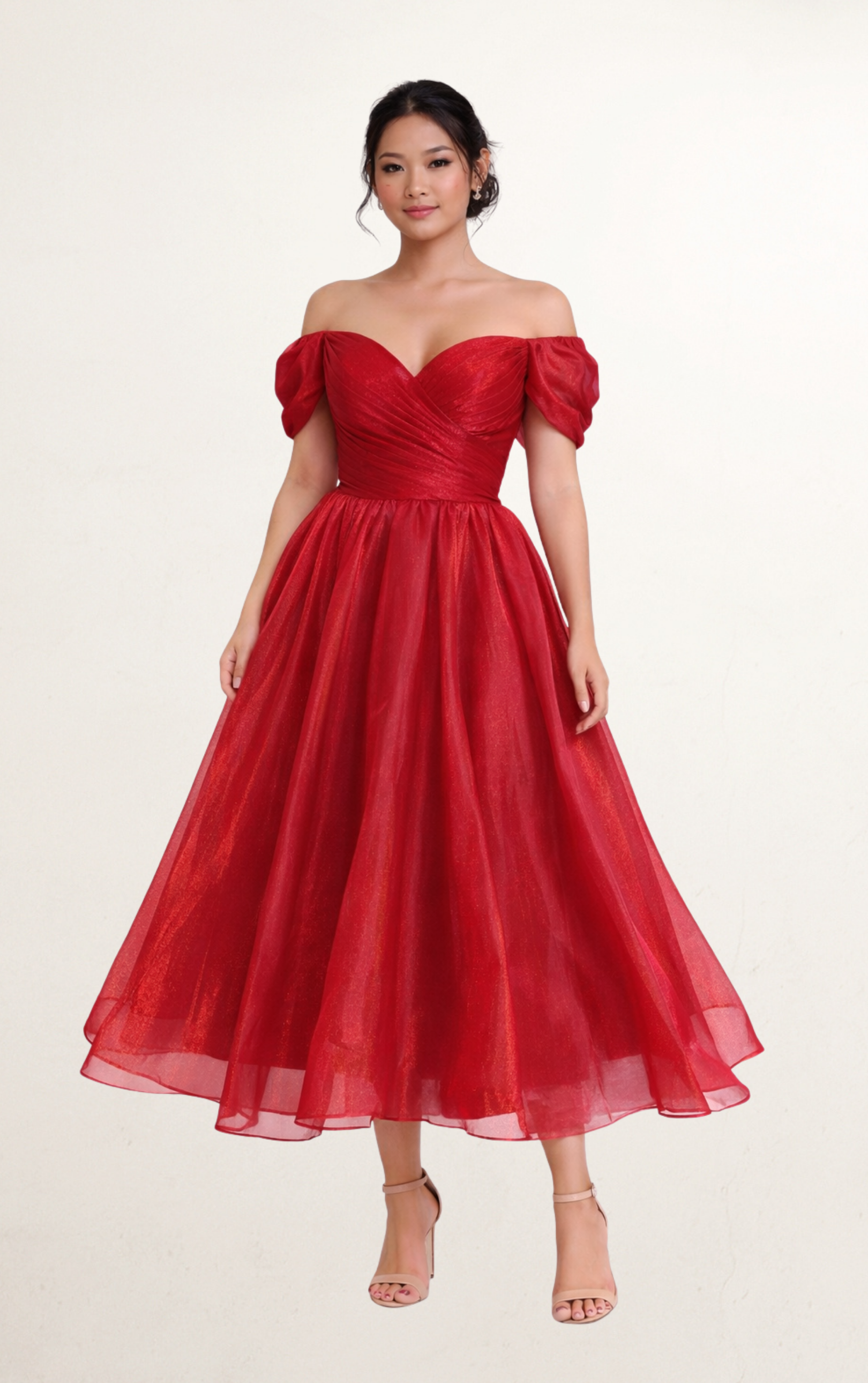 Red Organza Puff Sleeve Midi Evening Gown
