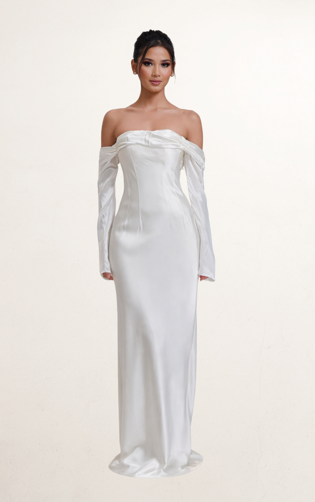 White Off-Shoulder Cowl Satin Bridal Gown