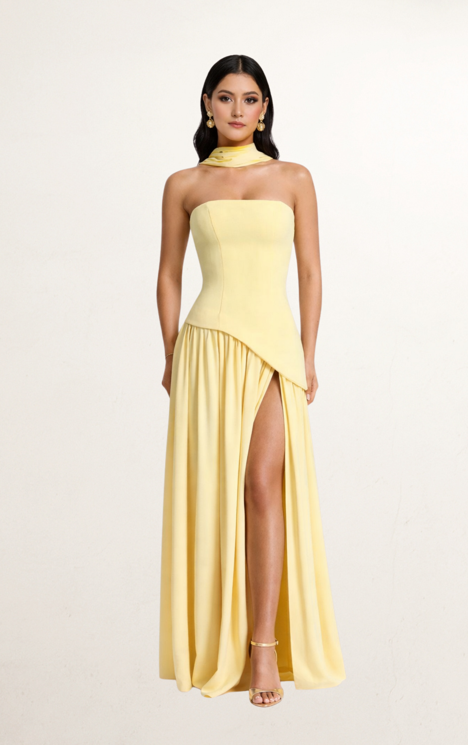 Butter Yellow Strapless Scarf Slit Gown Rental | Stylish Gown Dress Rental Butter Yellow Strapless Scarf Slit Gown Rental | Stylish Gown Dress Rental