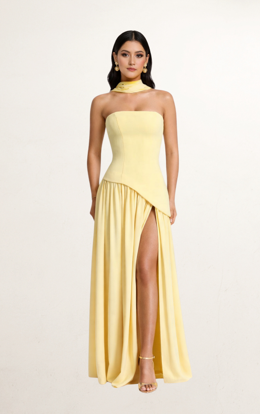 Butter Yellow Strapless Scarf Slit Gown
