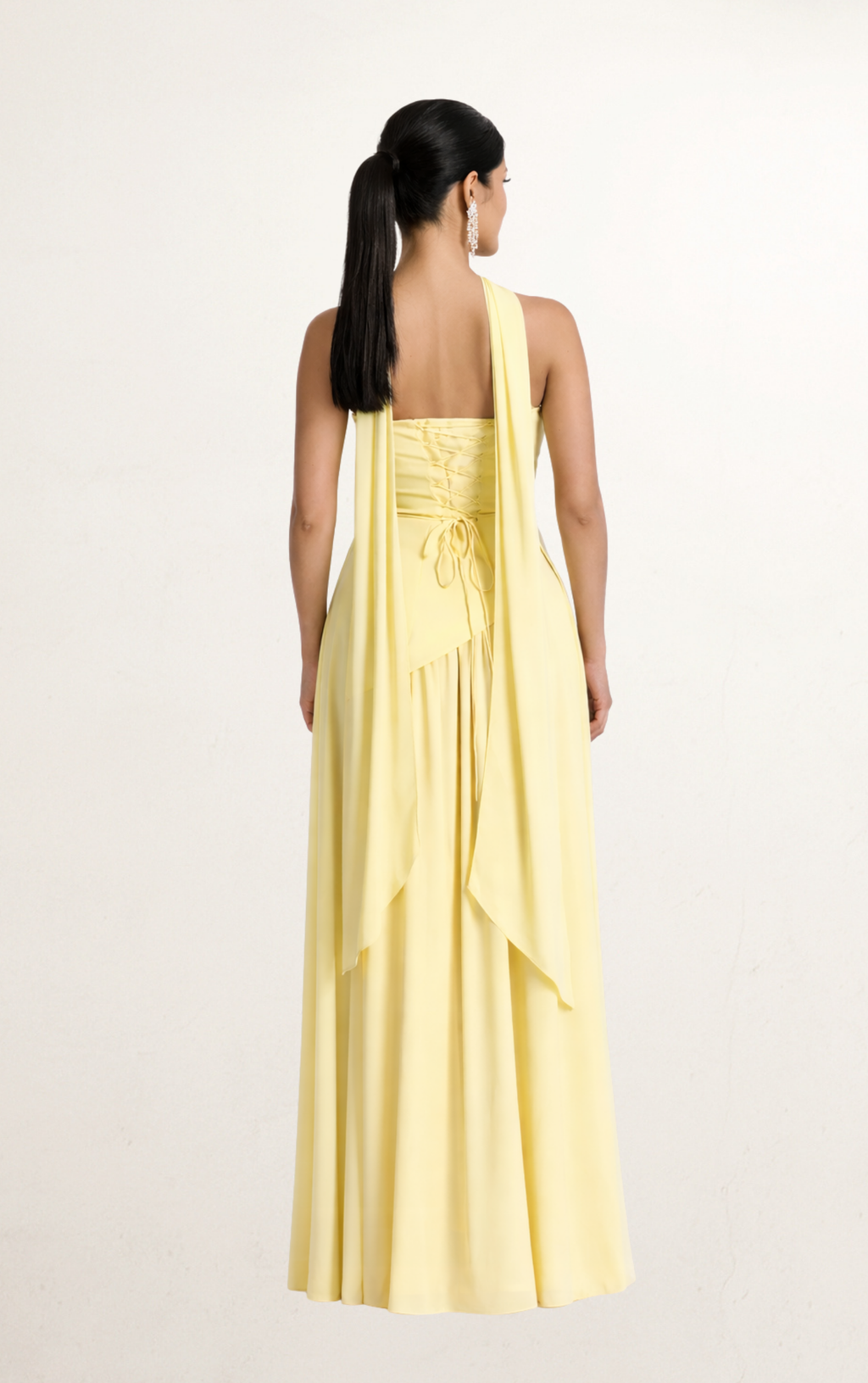 Butter Yellow Strapless Scarf Slit Gown