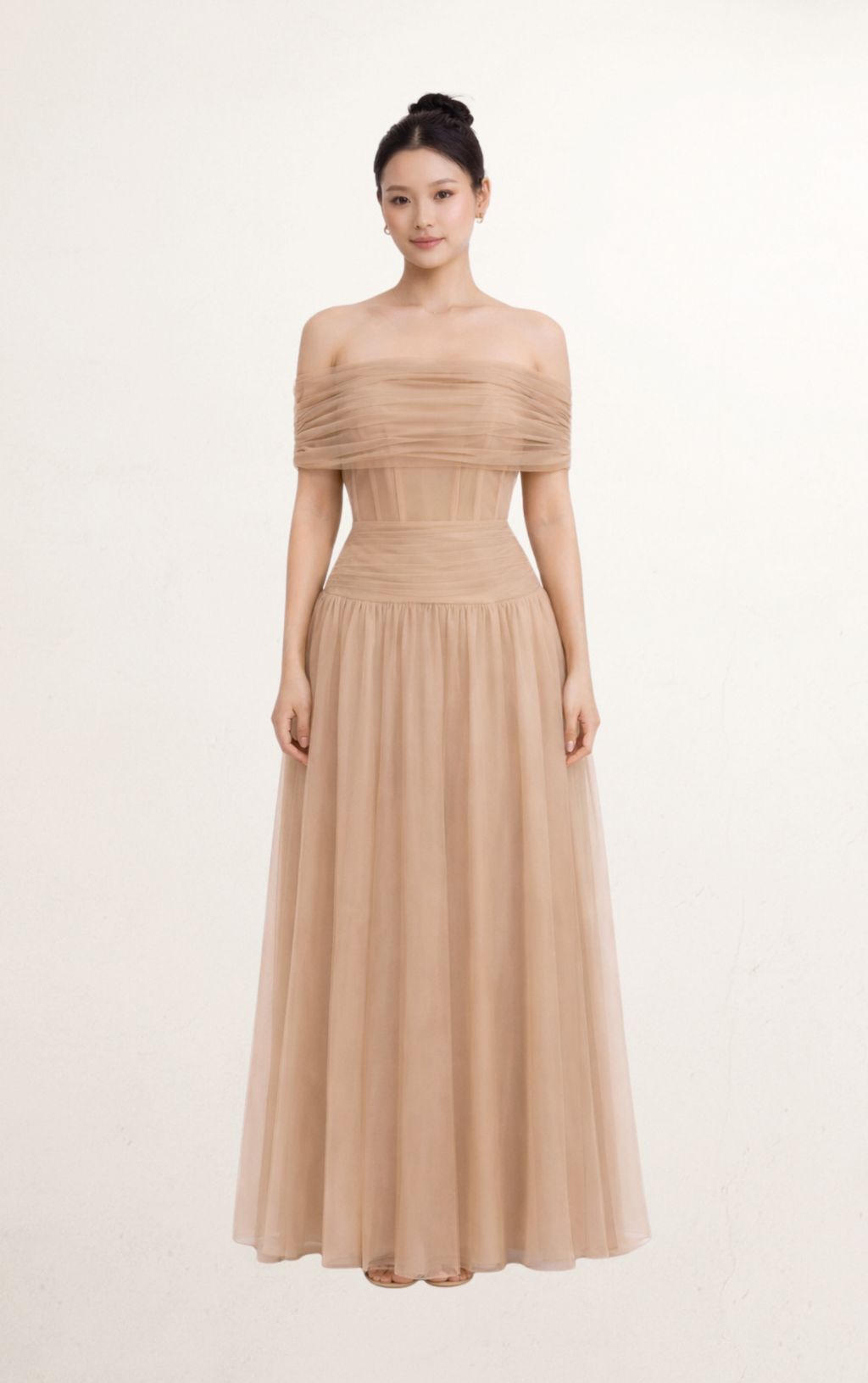 Brown Off-Shoulder Chiffon Maxi Dress