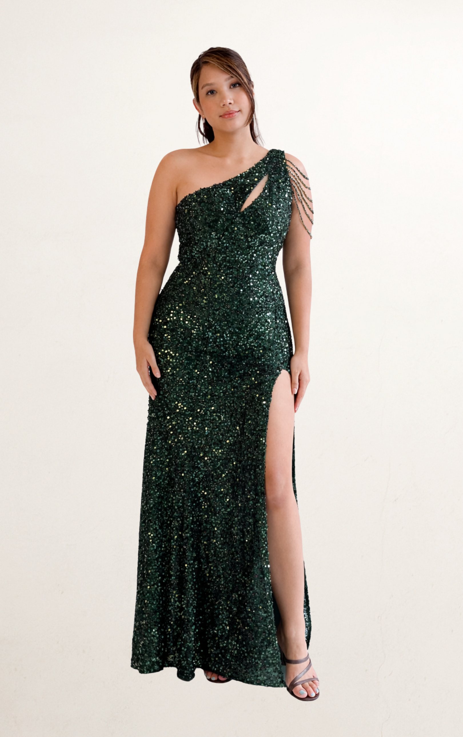 Green One-Shoulder Sequin Beaded Dress