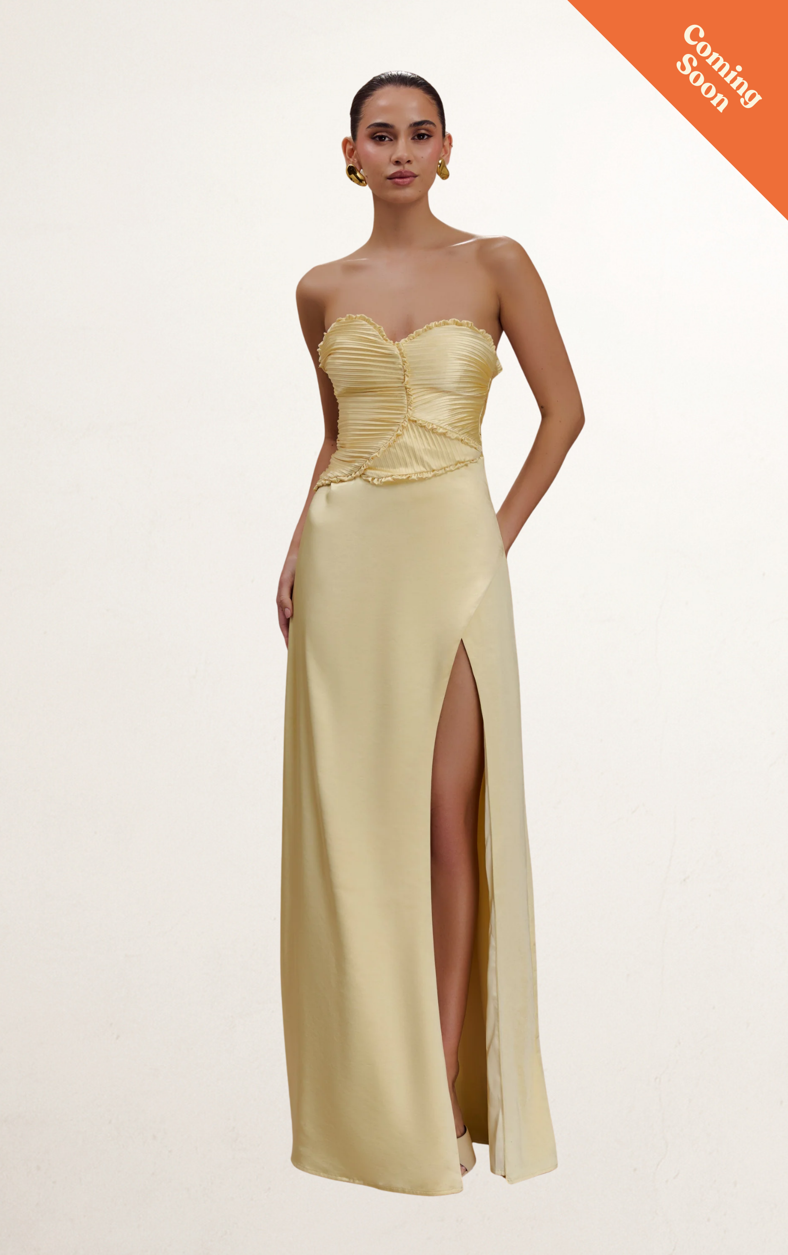 Yellow Satin Maxi Dress With Ruched Petals