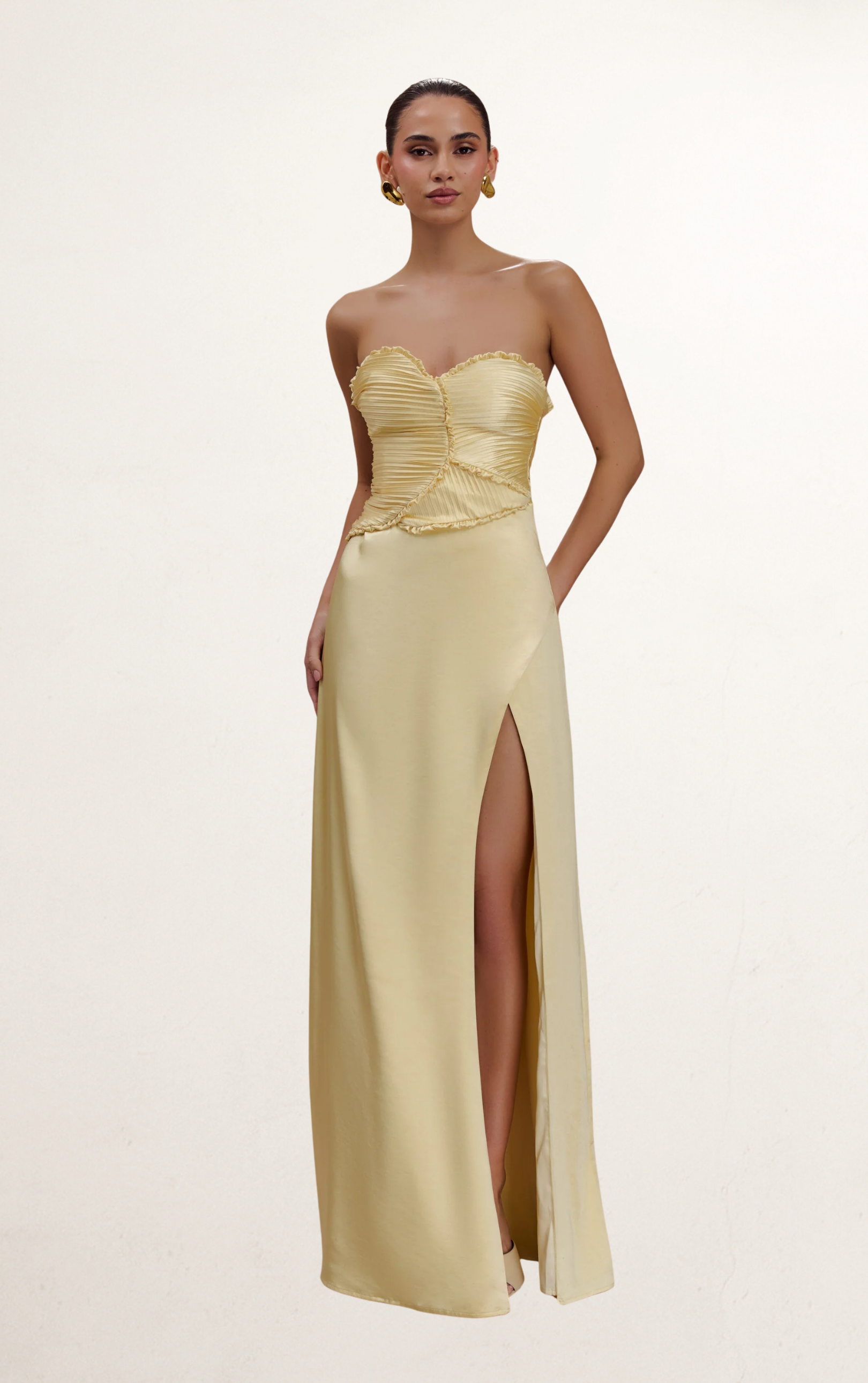 Yellow Satin Maxi Dress With Ruched Petals