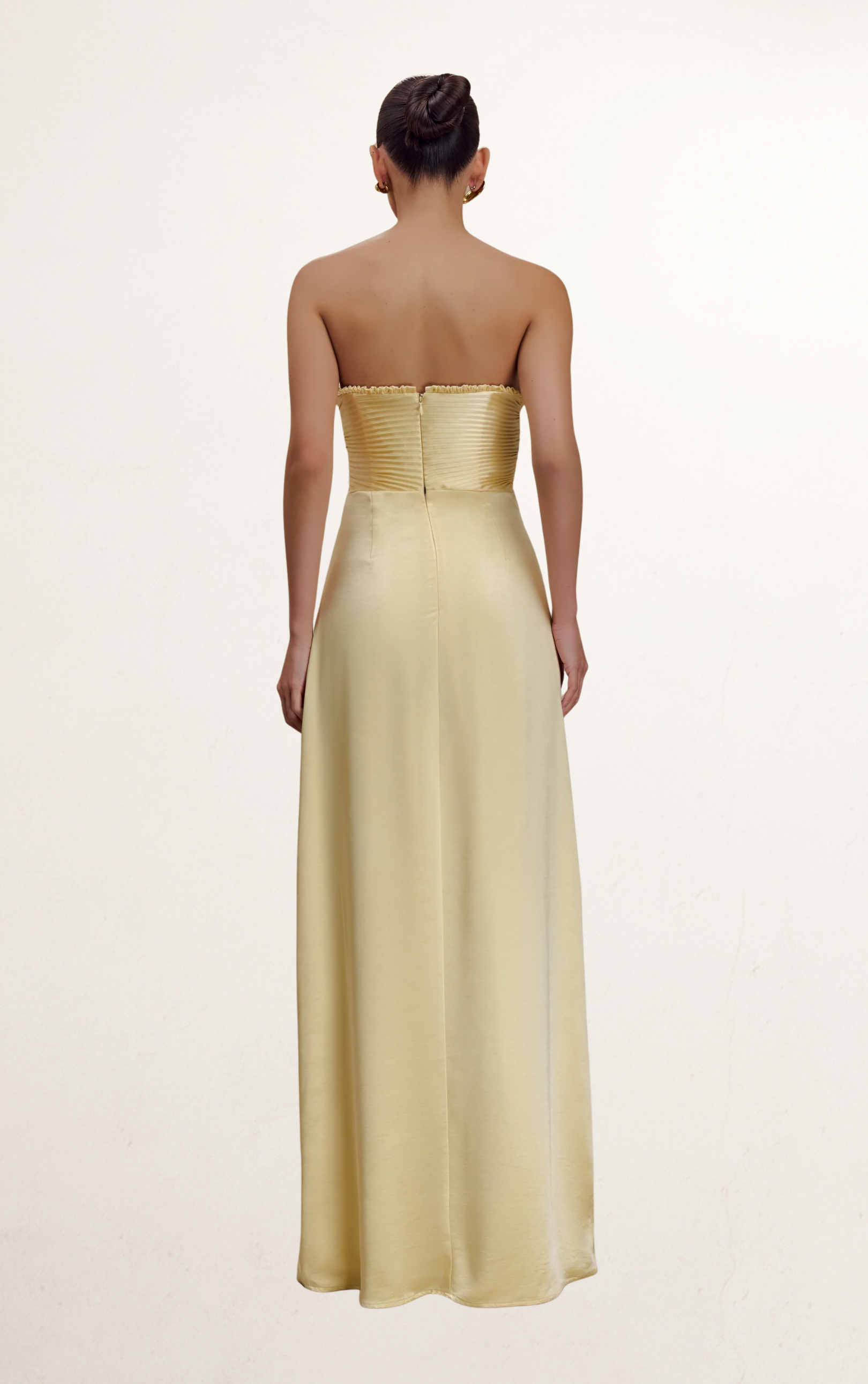 Yellow Satin Maxi Dress With Ruched Petals