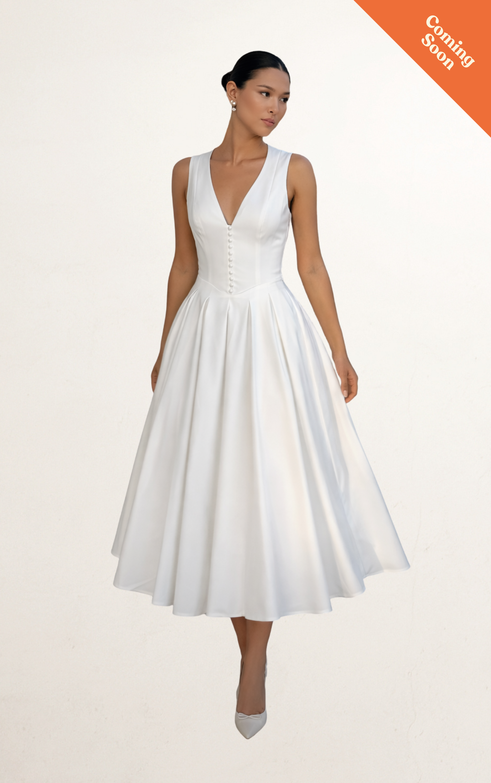 White Ivory Deep V-Neck A-Line Bridal Dress
