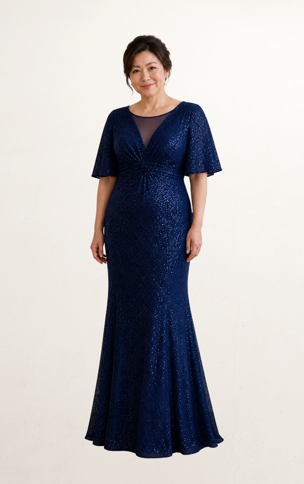 Blue Navy Sequin Cape Evening Dress
