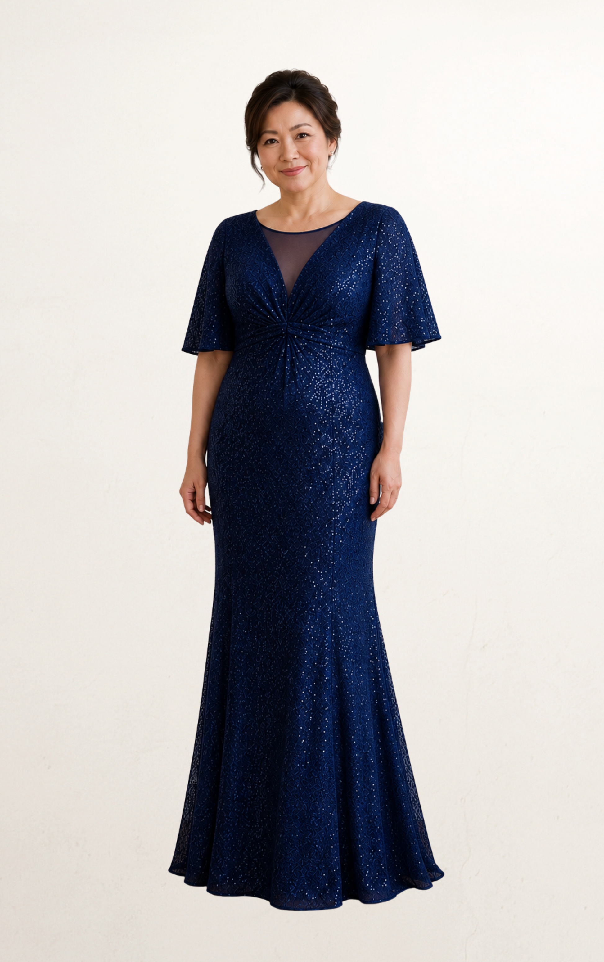 Blue Navy Sequin Cape Evening Dress