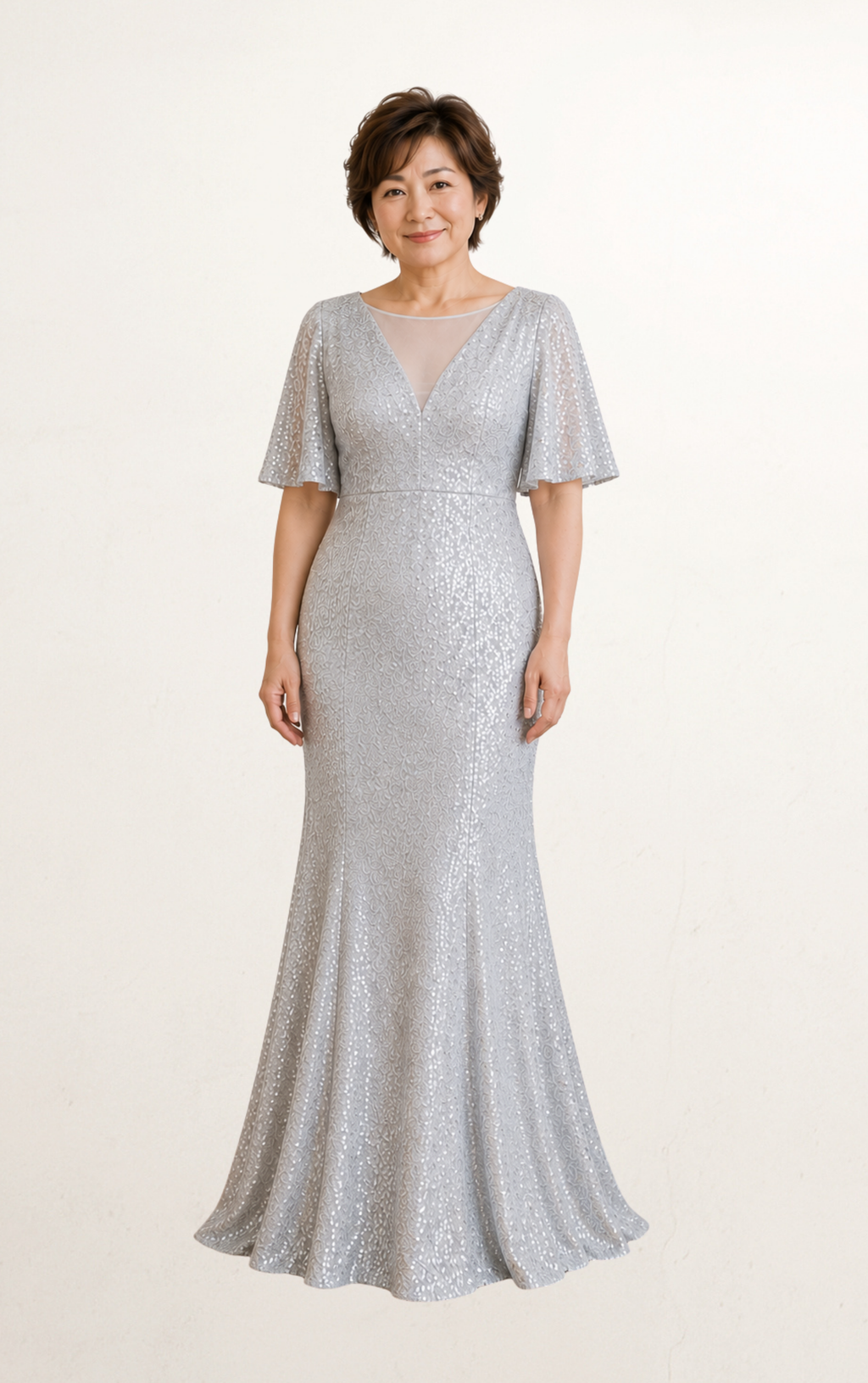 Silver Sequin Cape Evening Dress