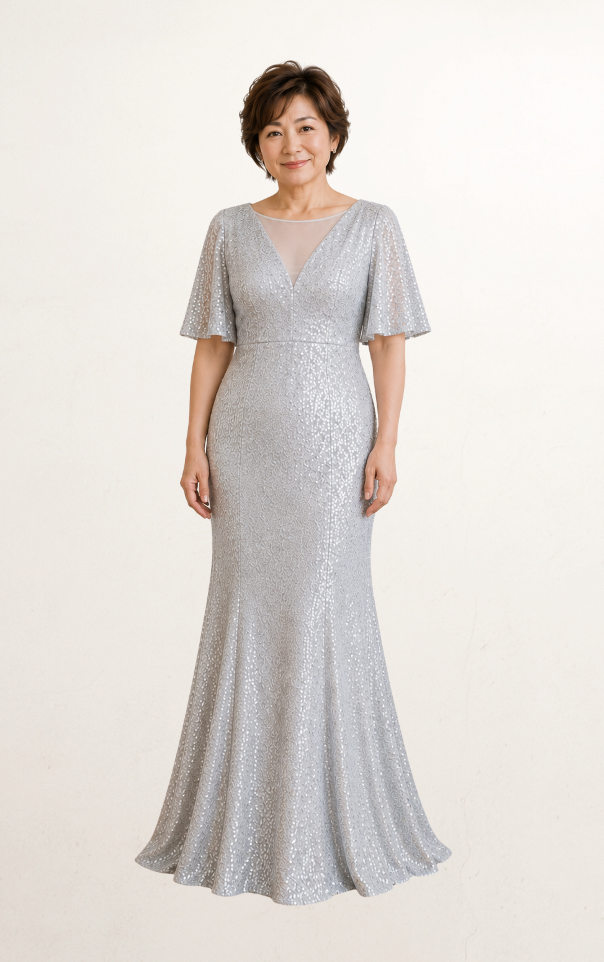 Silver Sequin Cape Evening Dress