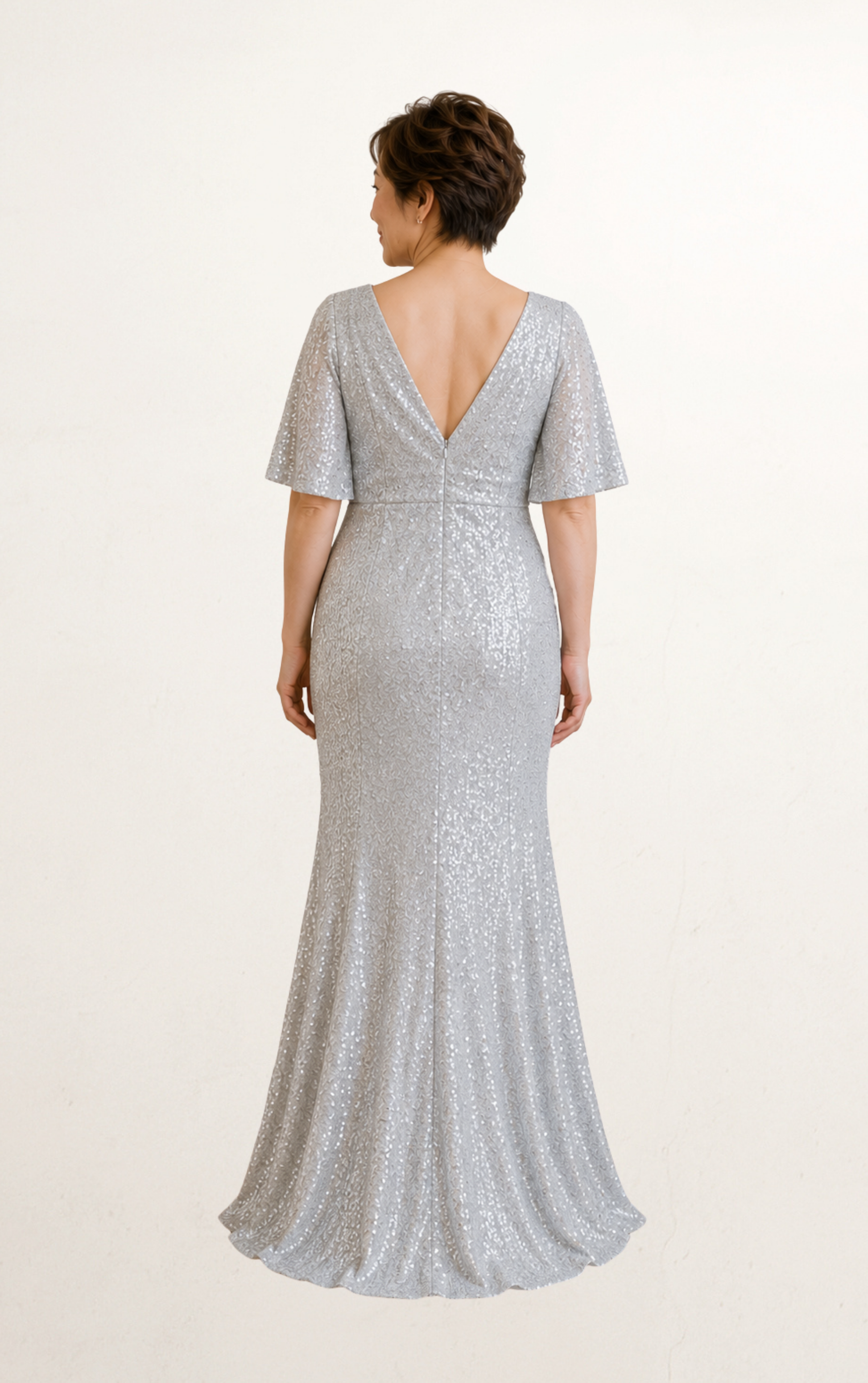 Silver Sequin Cape Evening Dress