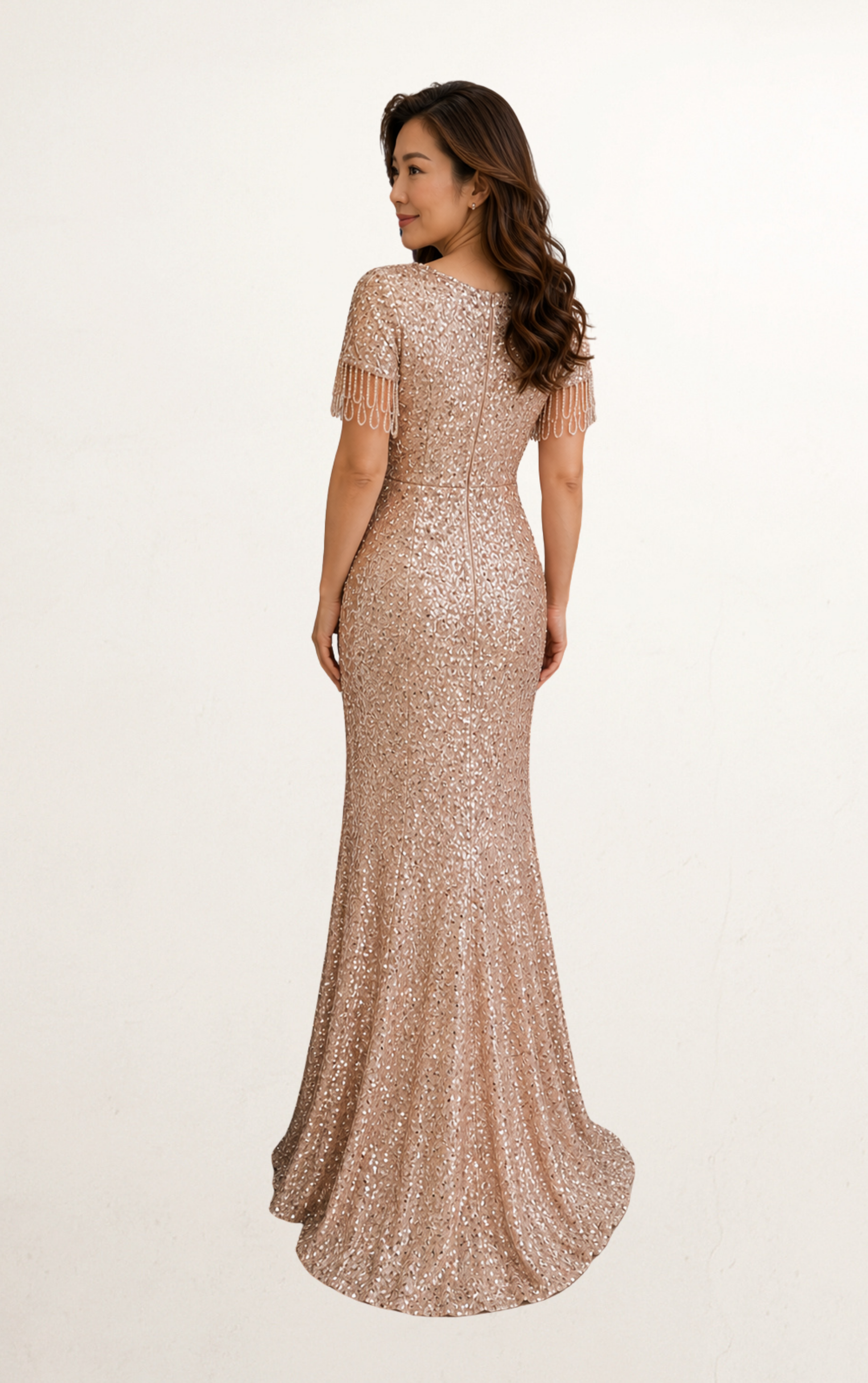 Rose Gold Sequin Tassel Sleeve Evening Dress