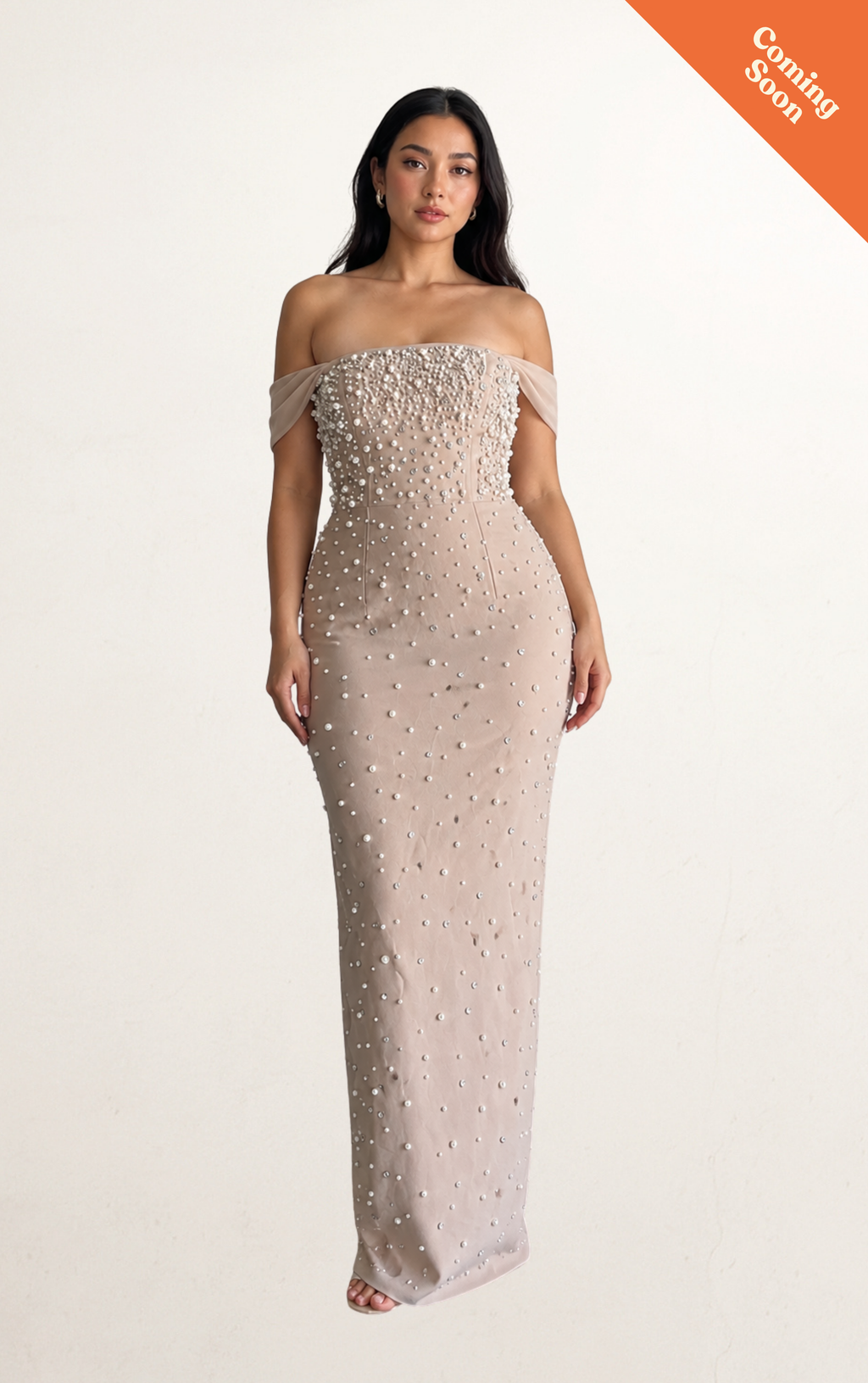 Beige Off-Shoulder Pearl Bandage Evening Dress