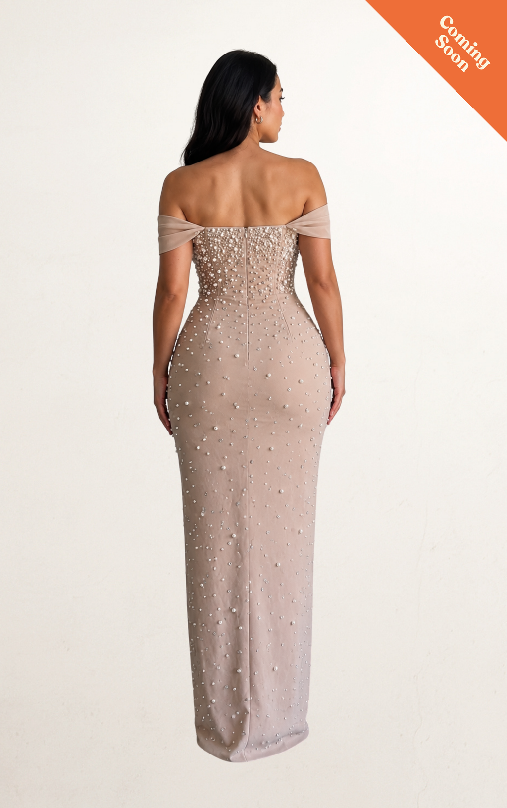 Beige Off-Shoulder Pearl Bandage Evening Dress