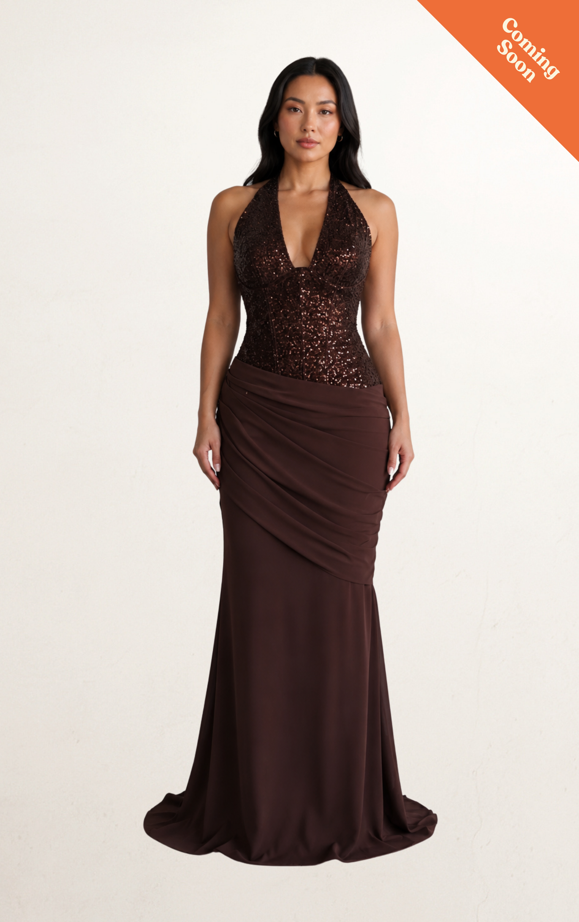 Brown V Neck Halter Ruched Sequin Evening Dress