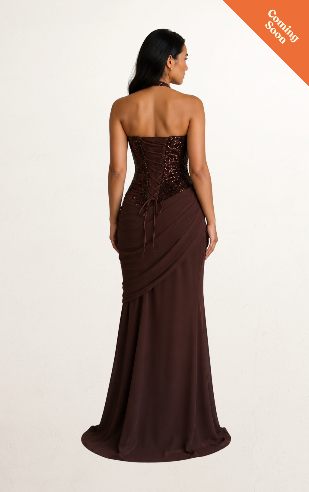 Brown V Neck Halter Ruched Sequin Evening Dress