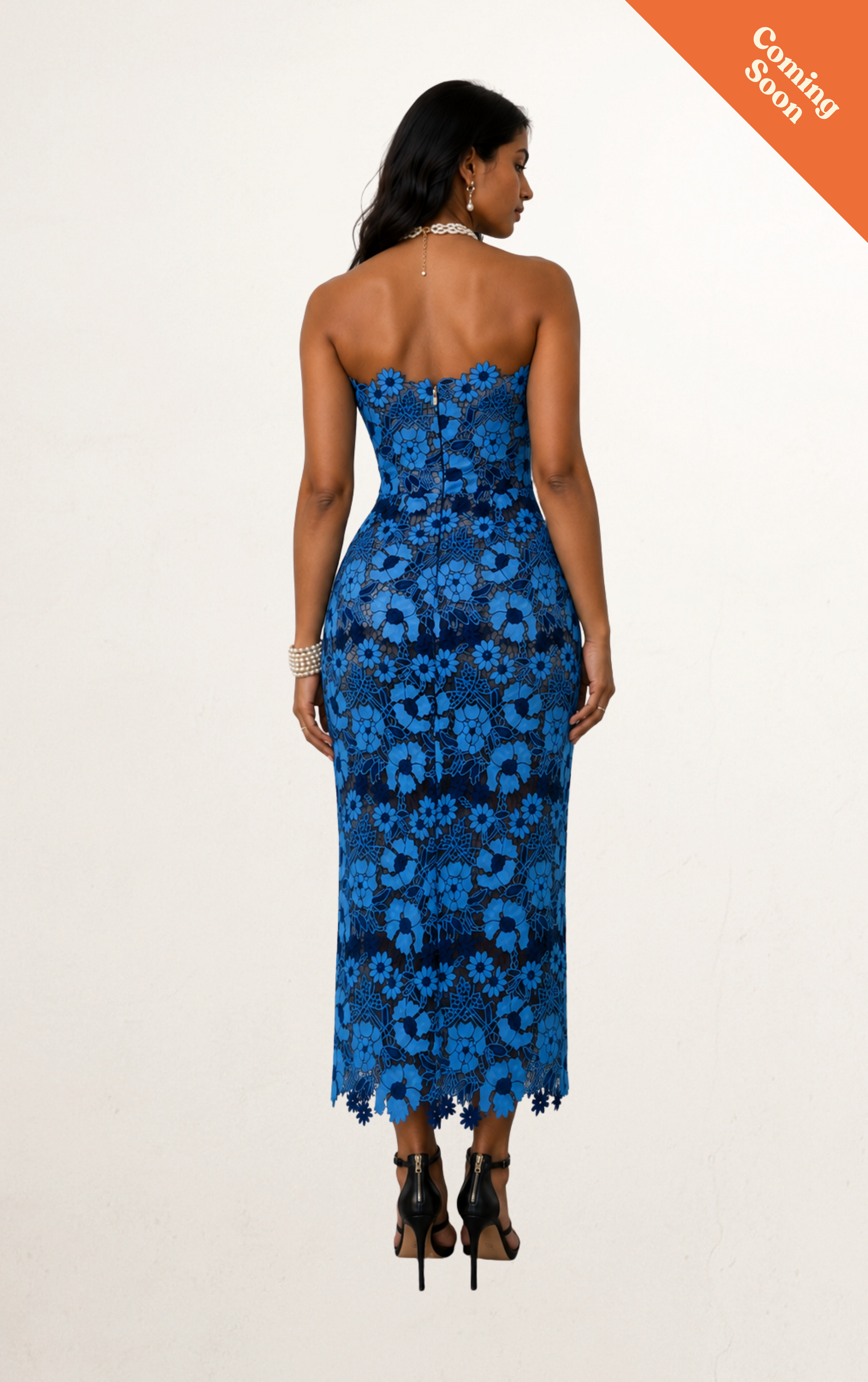 Blue Floral Strapless Column Midi Dress