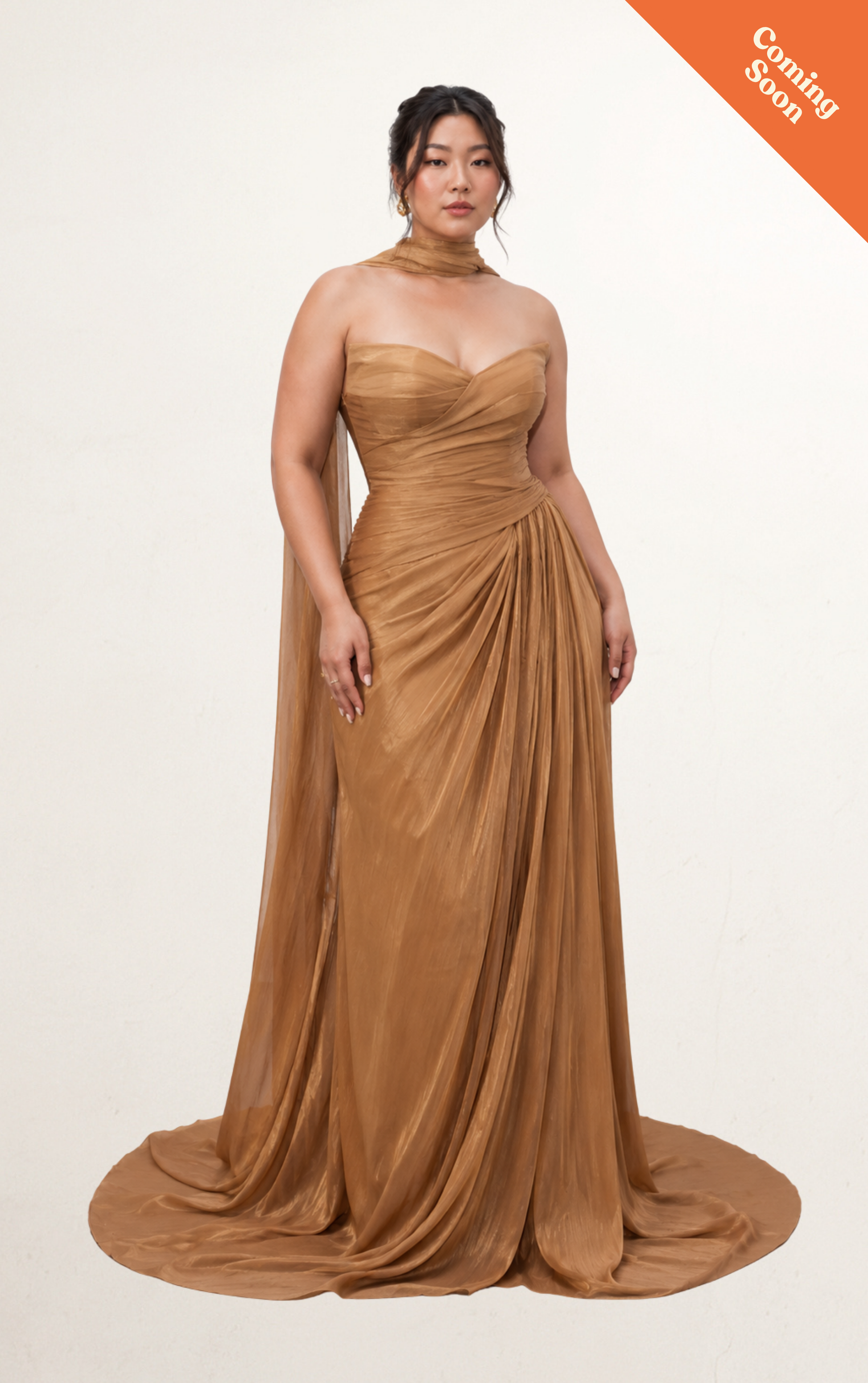 Brown Ruched One-Shoulder Train Gown