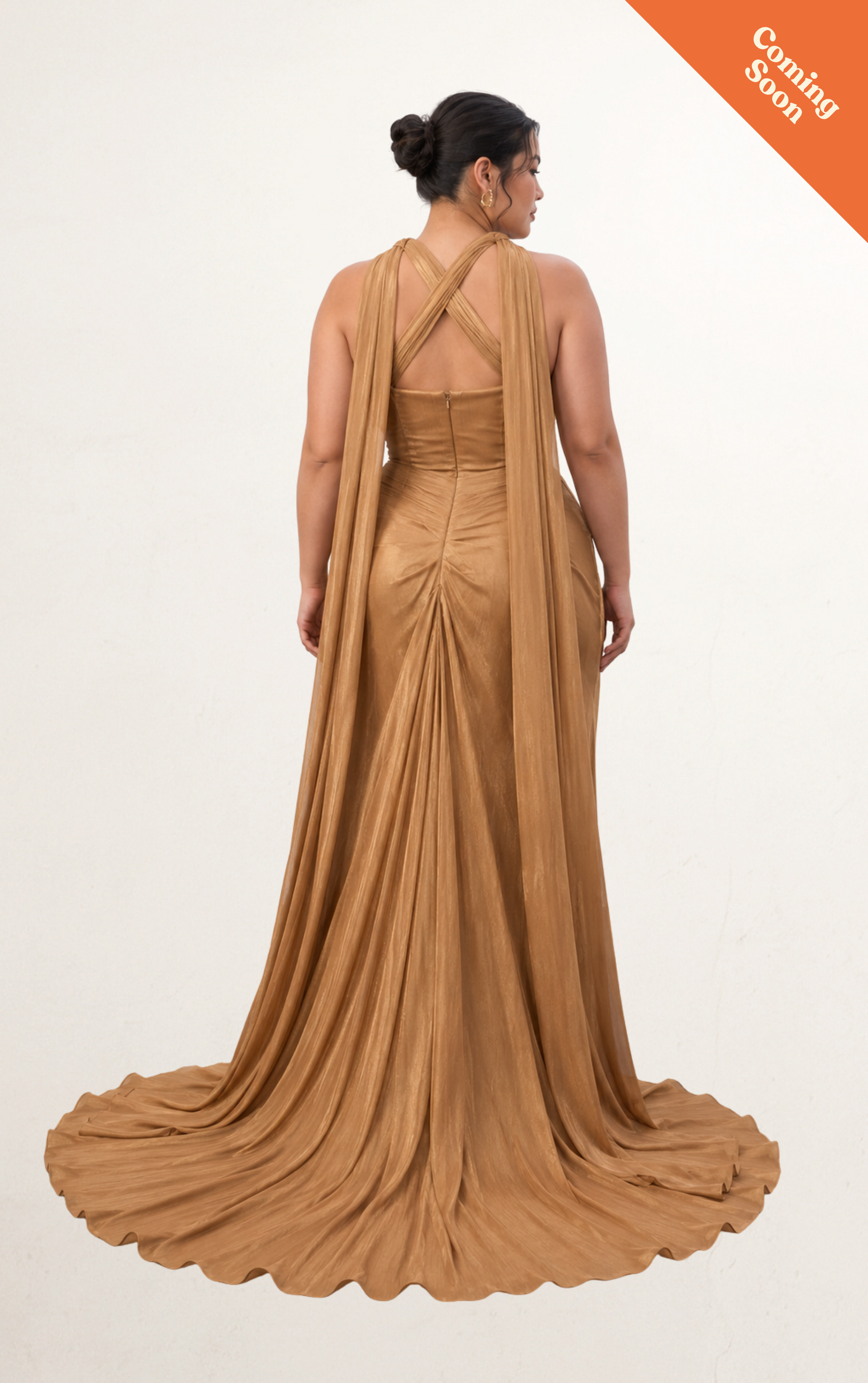 Brown Ruched One-Shoulder Train Gown