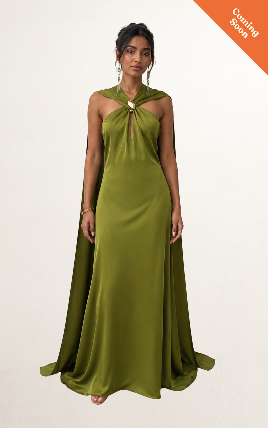Olive Green Satin Cape Column Gown