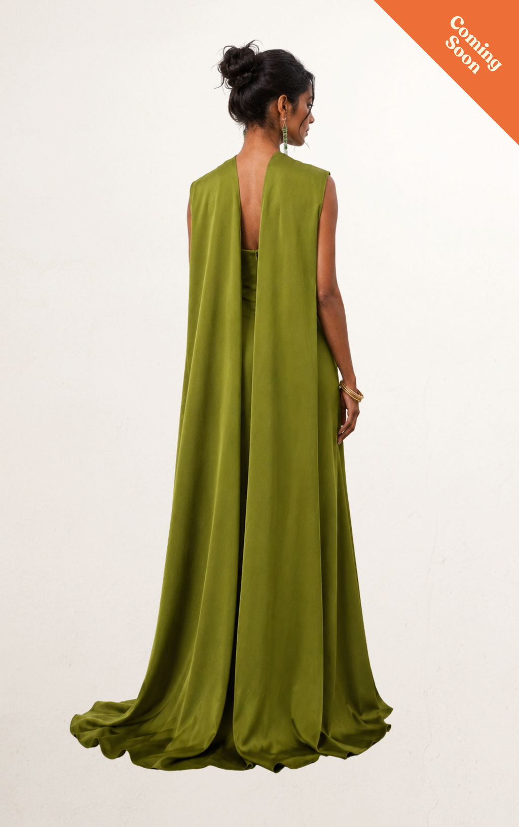Olive Green Satin Cape Column Gown
