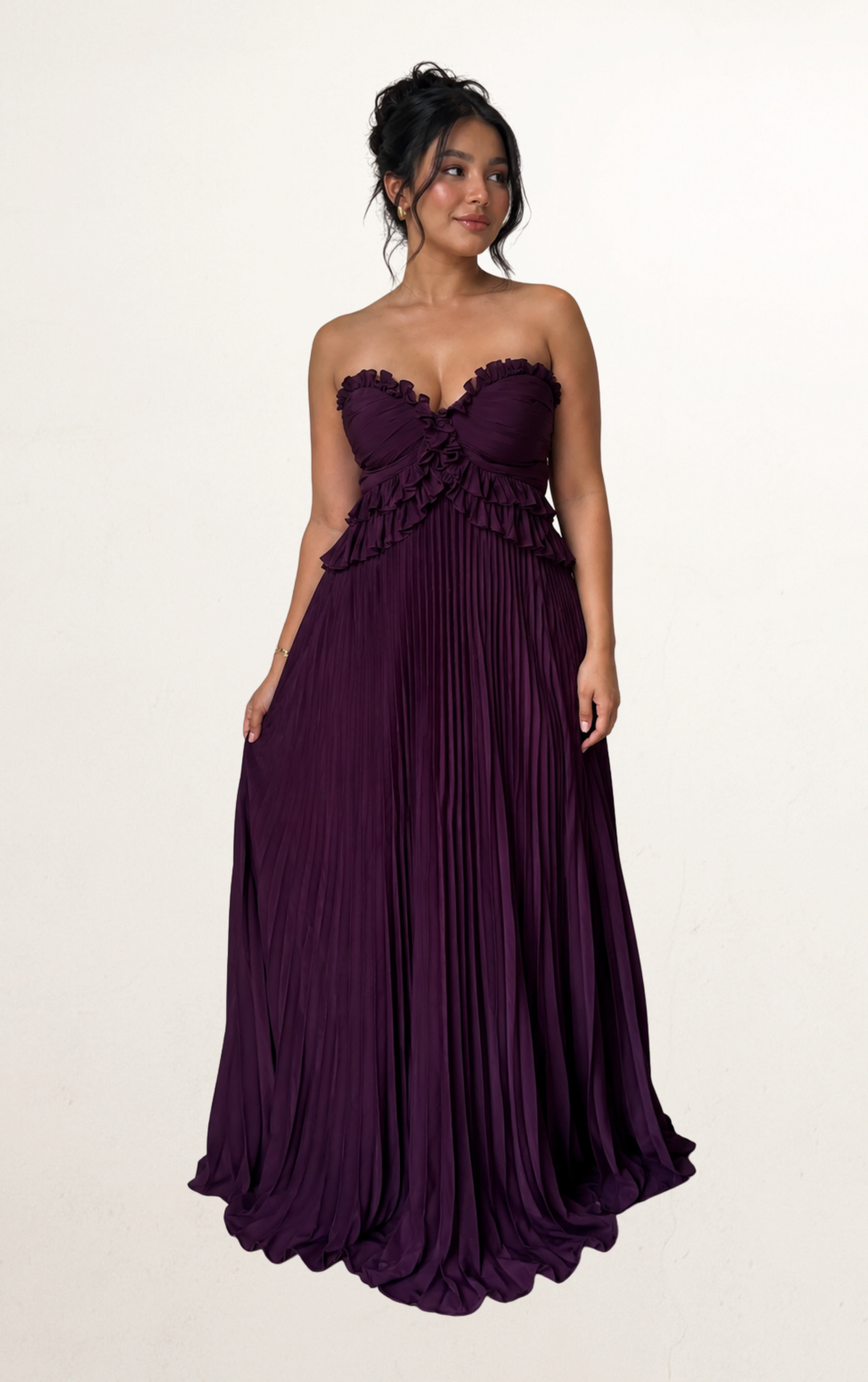 Purple Pleated Ruffle Strapless Gown