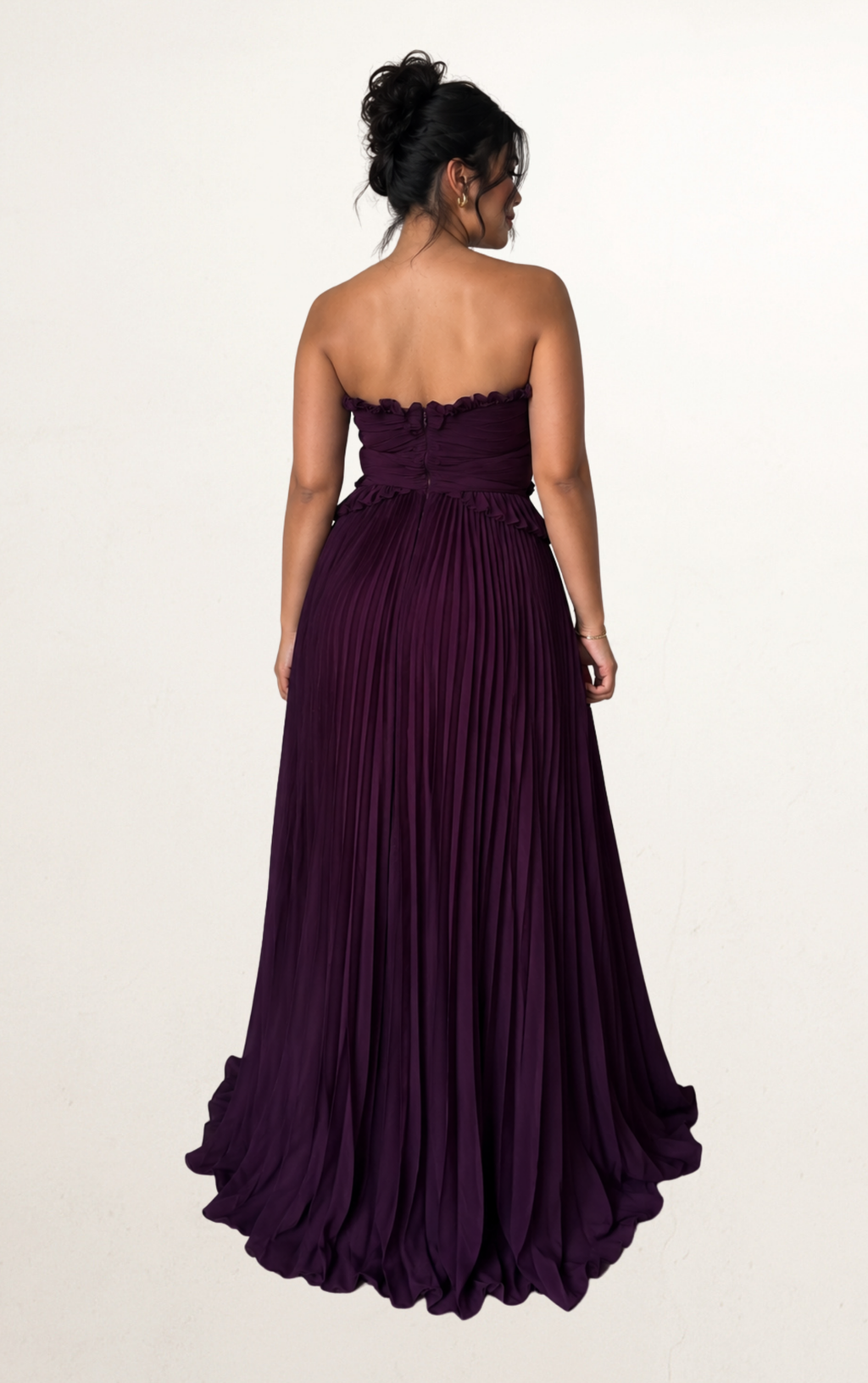 Purple Pleated Ruffle Strapless Gown