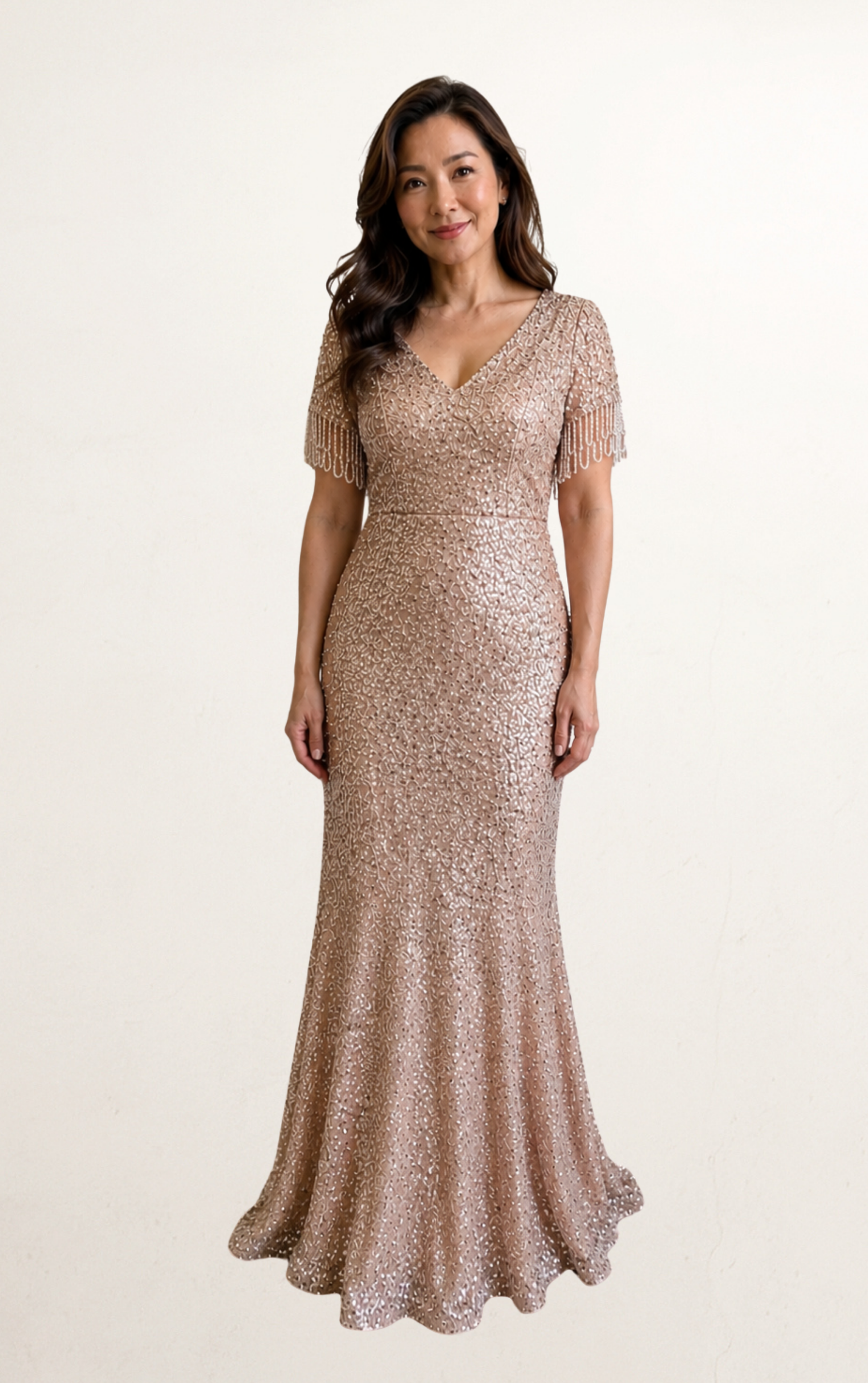 Rose Gold Sequin Tassel Sleeve Evening Dress Rental | Stylish Gown Dress Rental