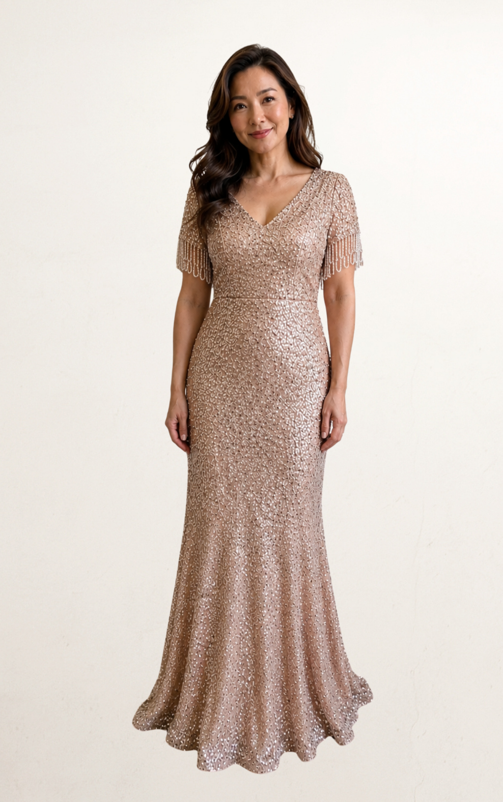 Rose Gold Sequin Tassel Sleeve Evening Dress