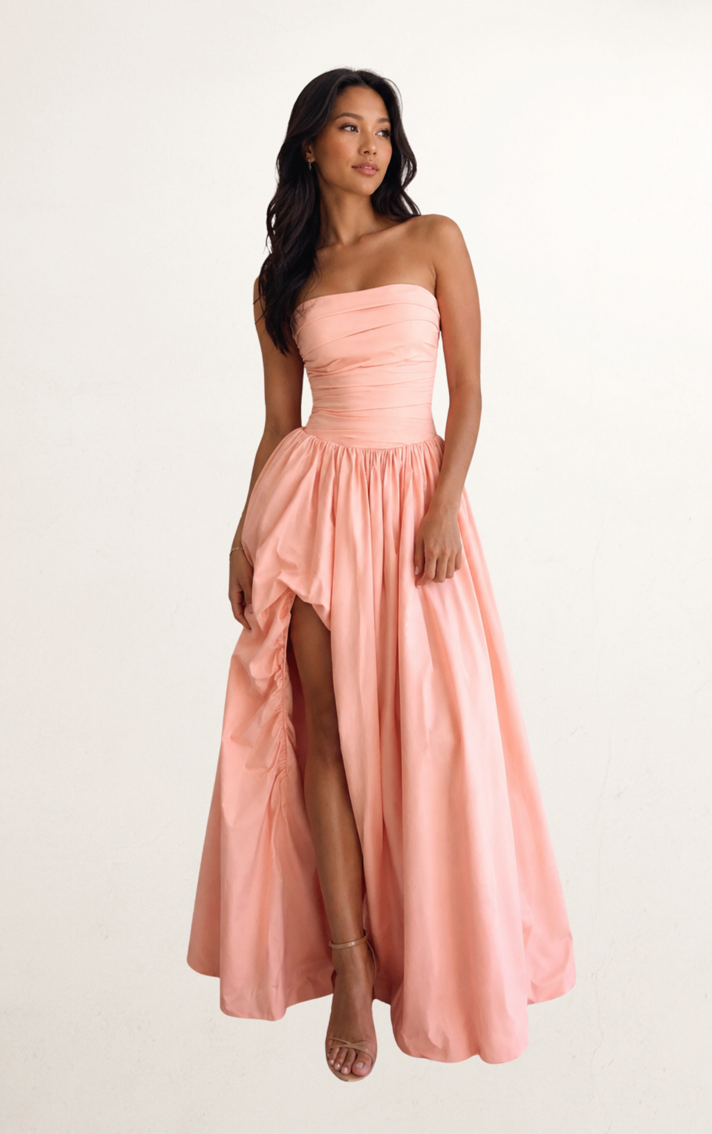 Peach Strapless Ruched Bodice Ball Gown