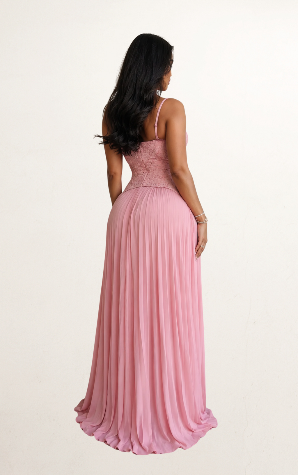 Pink Lace Corset Pleated Maxi Dress