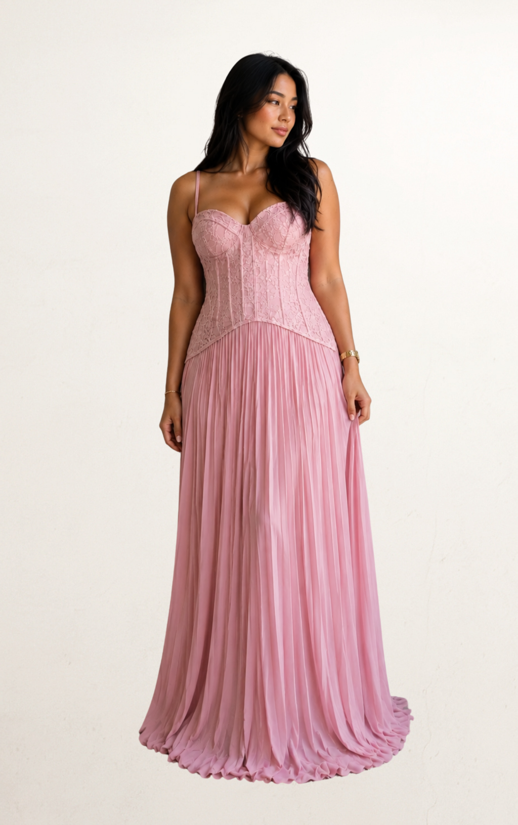 Pink Lace Corset Pleated Maxi Dress
