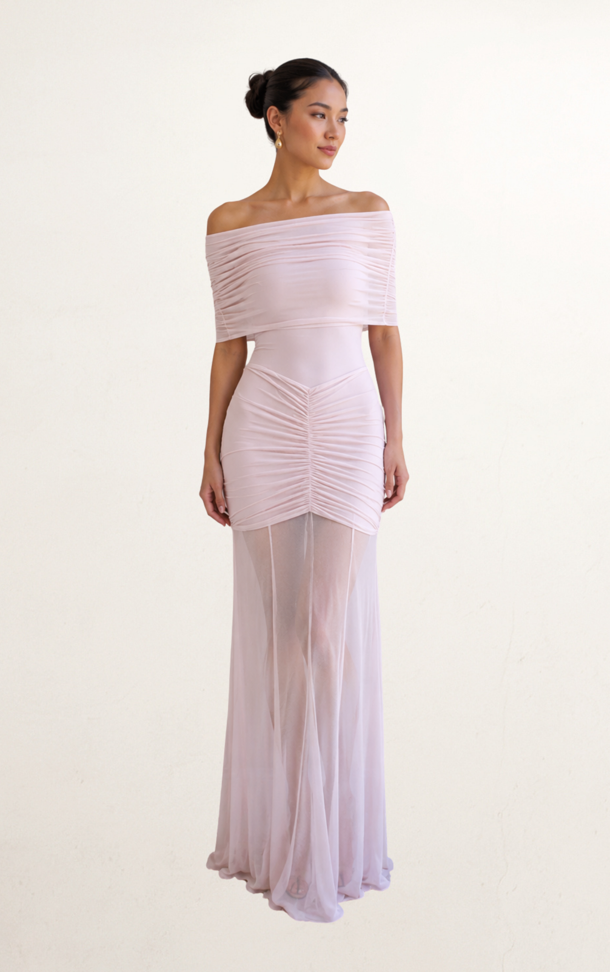Pink Slinky Mesh Off Shoulder Dress