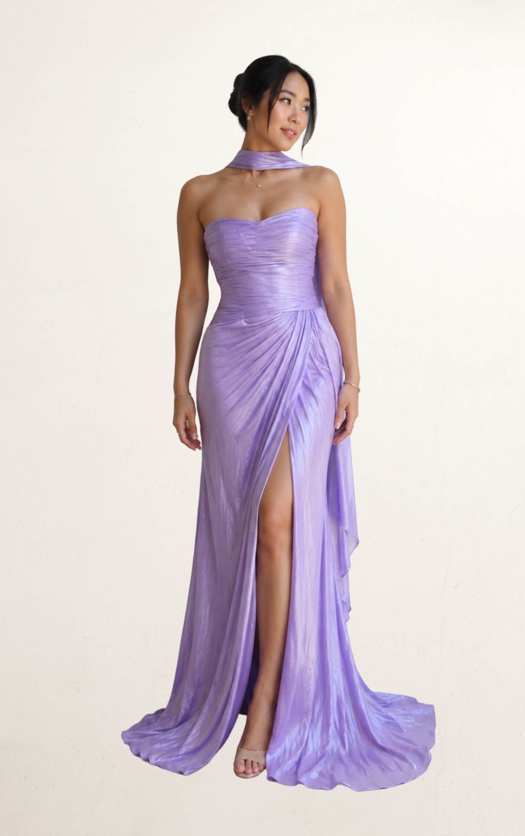 Purple Lilac Strapless Ruched Scarf Gown