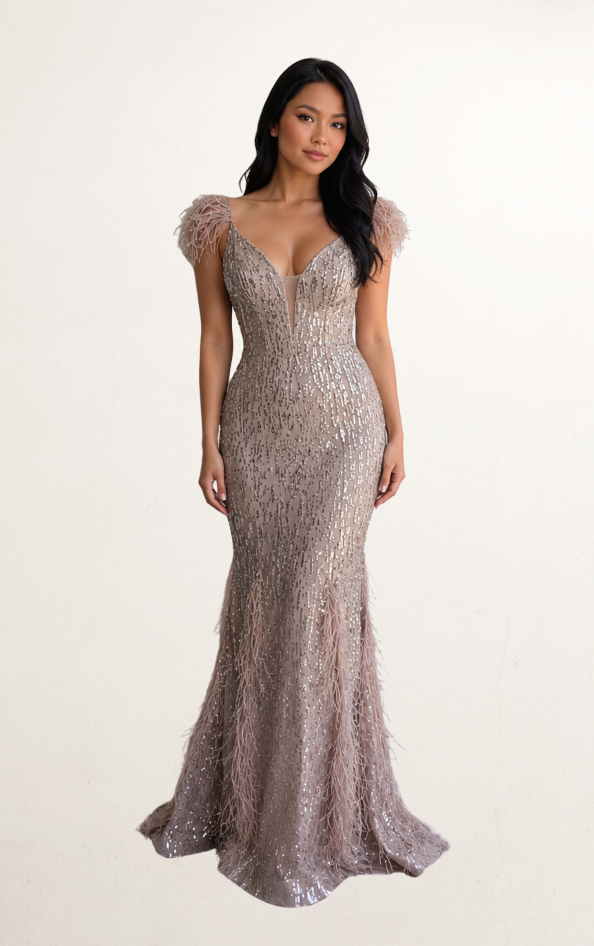 Silver Beaded Feathered Mermaid Evening Gown