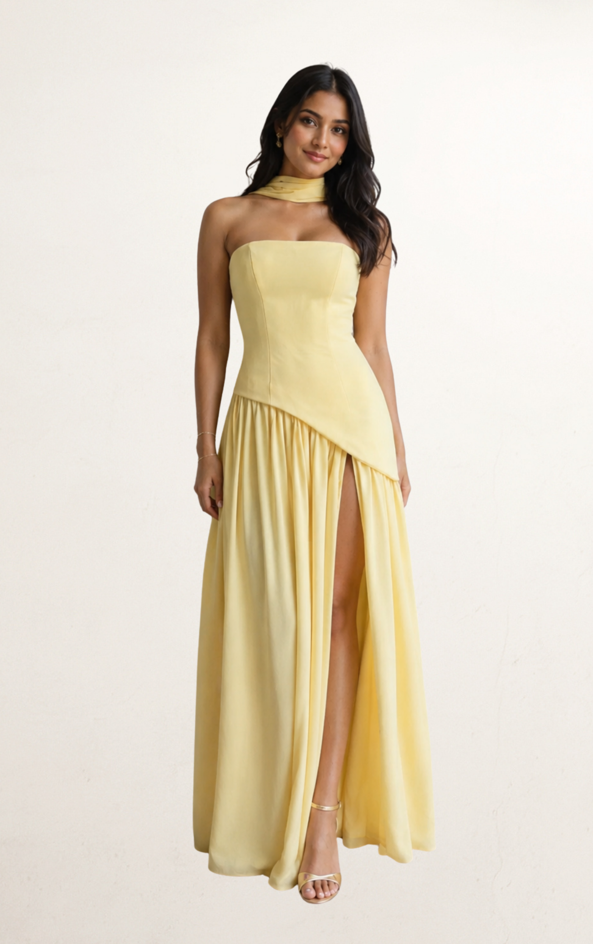 butter yellow strapless dress Chiffon Maxi Medium and close to the body in the way satin should be Rosalind Lilly Tu
