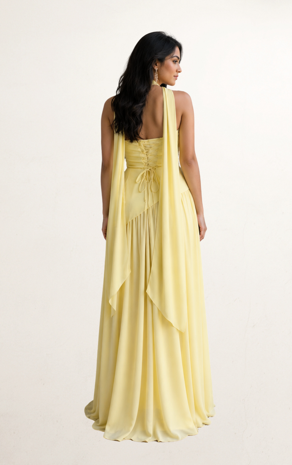 Butter Yellow Strapless Scarf Slit Gown