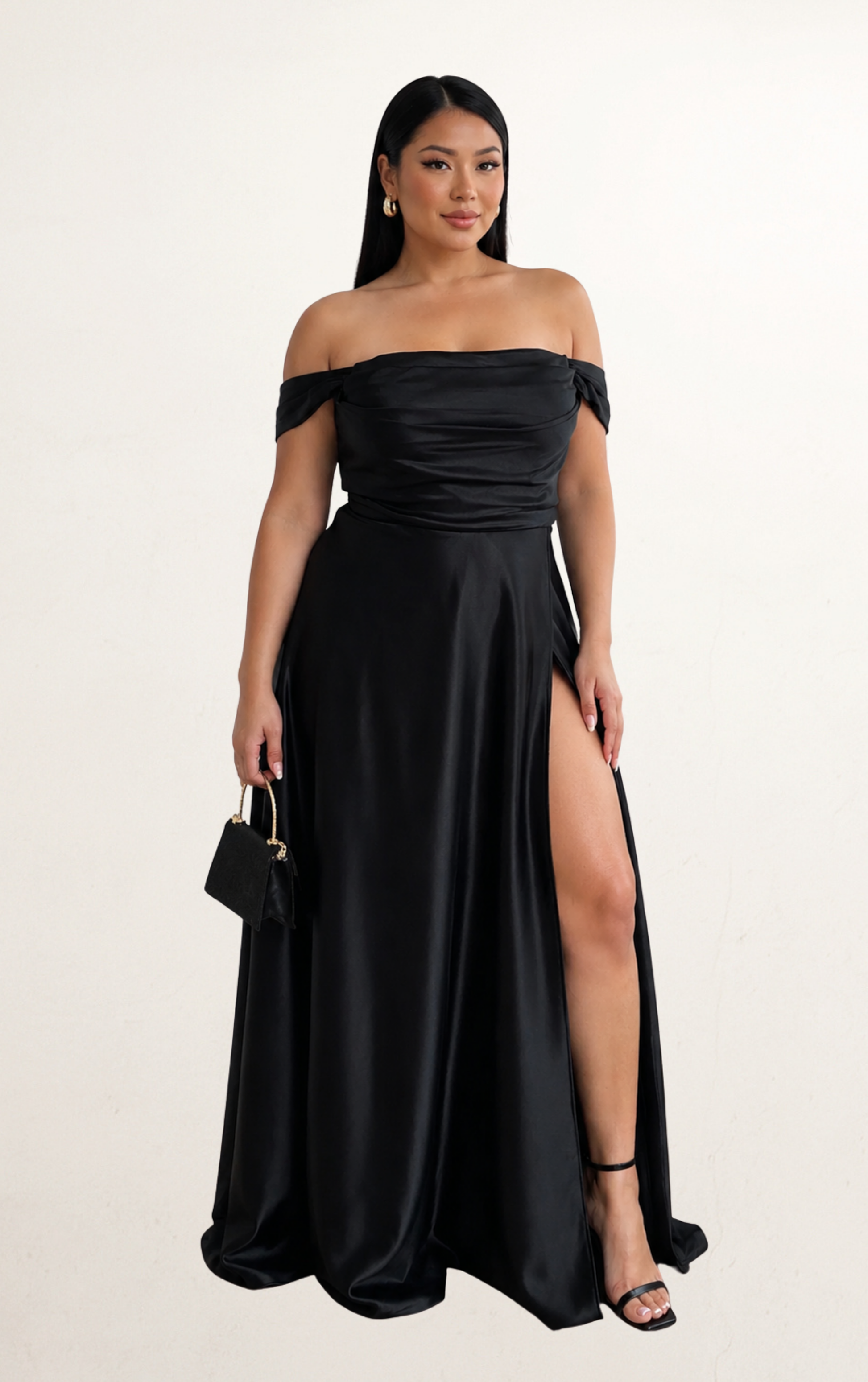 Black Satin Off-Shoulder Ball Gown