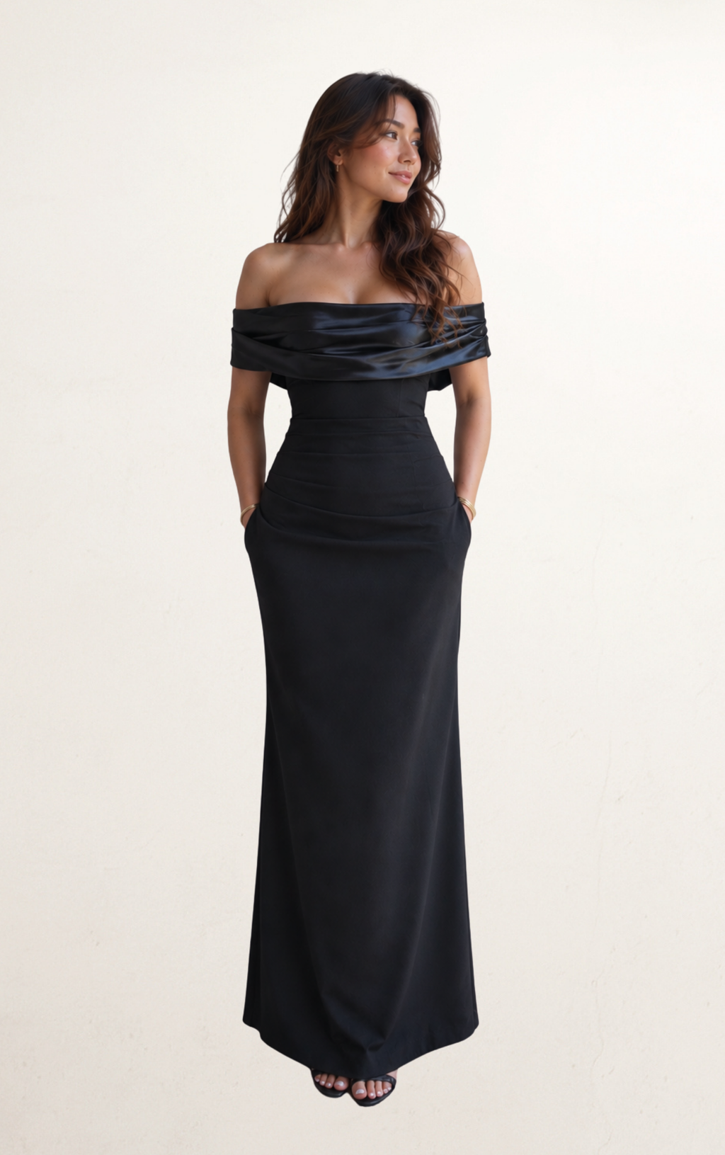 Black Off-Shoulder Satin Bow Maxi Dress