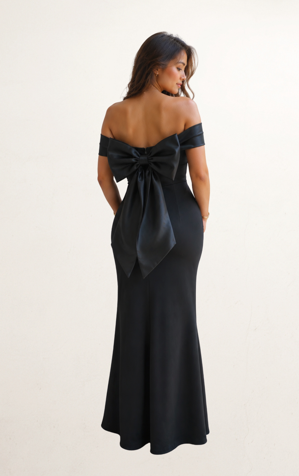 Black Off-Shoulder Satin Bow Maxi Dress